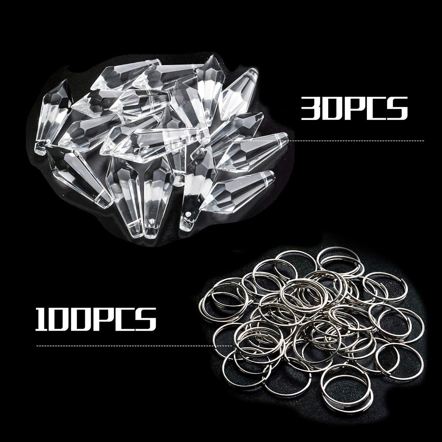 Crystal Glass Beads Drops, 30Pcs 38mm Chandelier Crystal Pendants Drops Clear Glass Beads Connected with 100pcs 14mm Stainless Jump Rings for Wedding Party Christmas Decoration