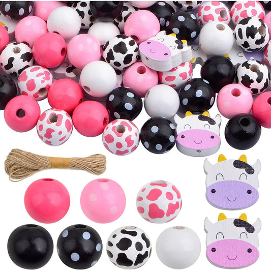 80pcs Mixed Cow Style Print Wood Beads Natural Round Wood Beads Handmade Polished Cow Spacer Beads with a Hemp Rope for DIY Crafts Garland Jewelry Making Party Decoration