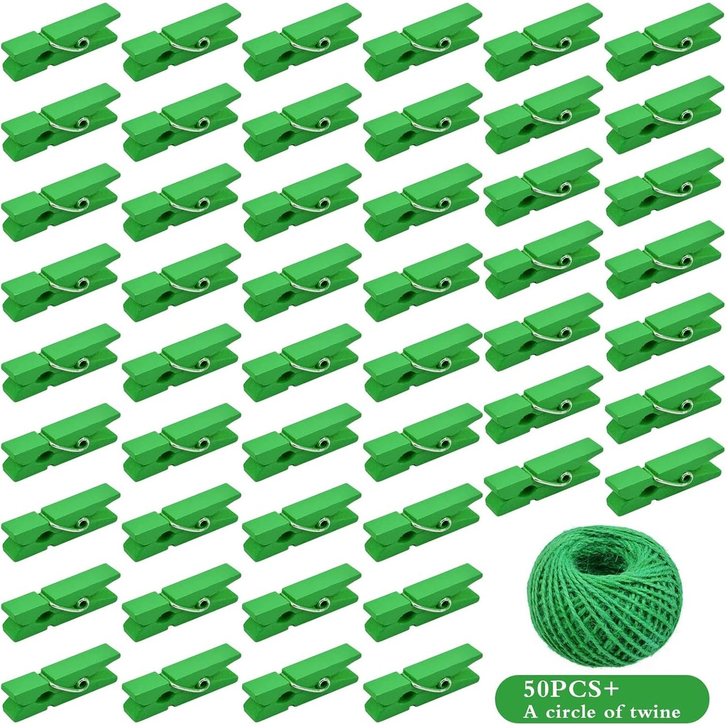 50pcs Small Wooden Clips Tiny Picture Photo Pegs Clothespins Decorative Craft Wood Clips with 50 M Jute Twine for Photo Display Picture Hanging Home Art Crafts Decor, Green