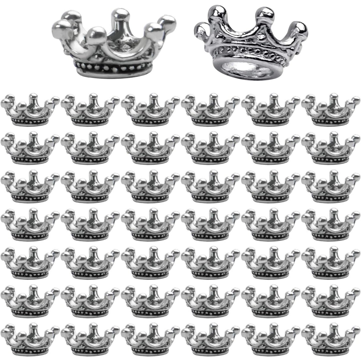 Crown Beads,50pcs Antique Silver Crown Spacer Beads King & Queen Crown Loose Beads with 6mm Hole for Bracelet Necklace Jewelry Making and Crafting