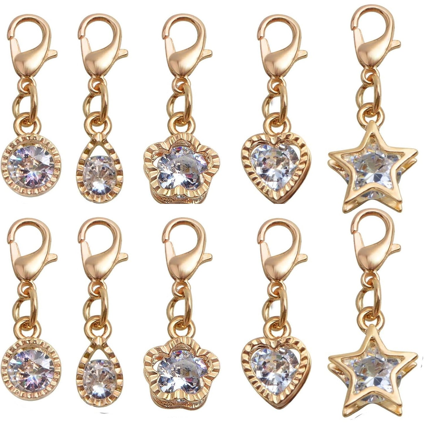 20pcs 2 Colors Cubic Zirconia Charms Metal Round Heart Star Plum Bossom Drop Shaped Pendants with Lobster Clasps for DIY Necklace Earrings Jewelry Making Supplies, 5 Styles