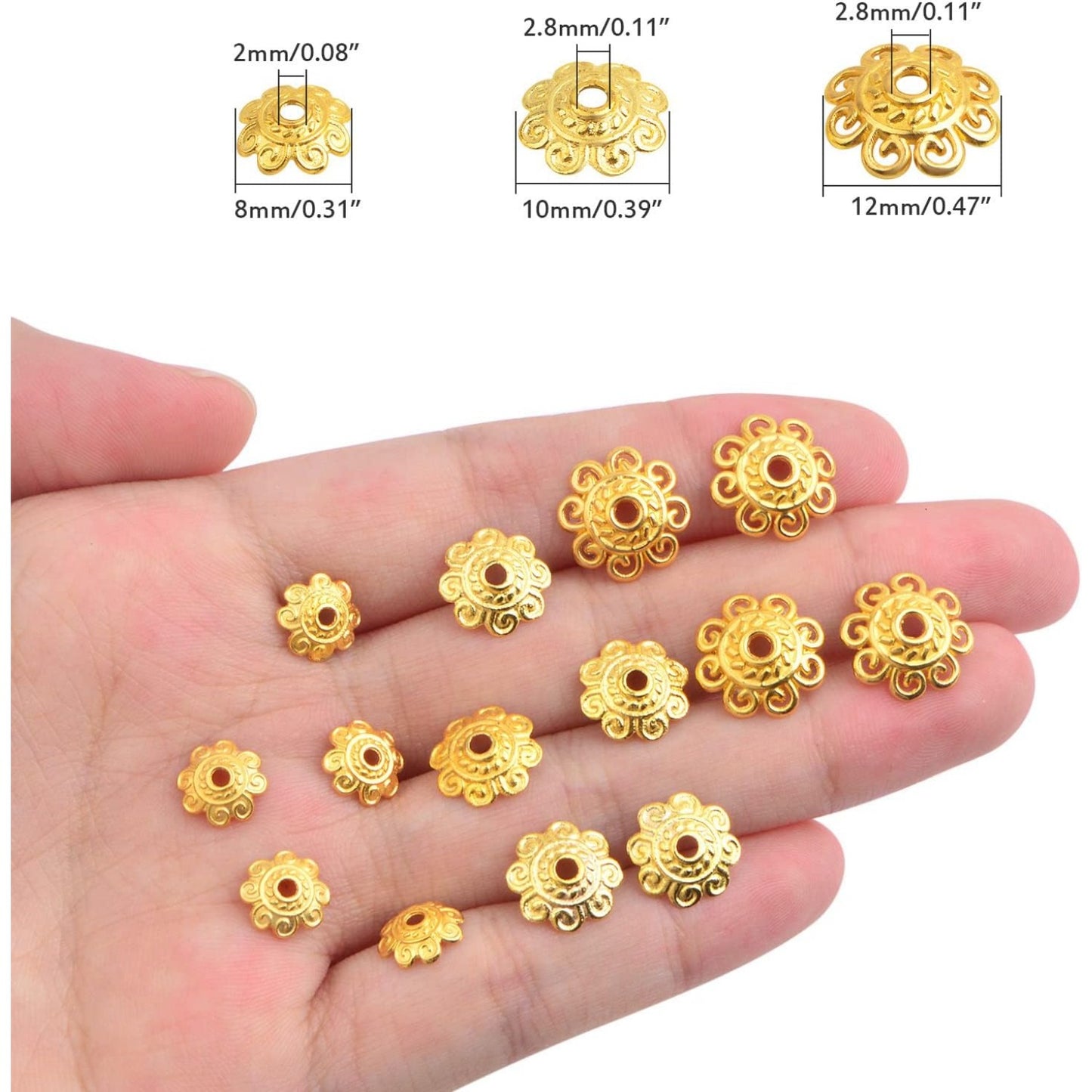 200pcs 8mm/10mm/12mm Tibetan Bead Caps Vintage Alloy Flower Bead End Caps Loose Spacer Beads Accessories for DIY Crafts Bracelet Necklace Jewelry Making, Bright Golden