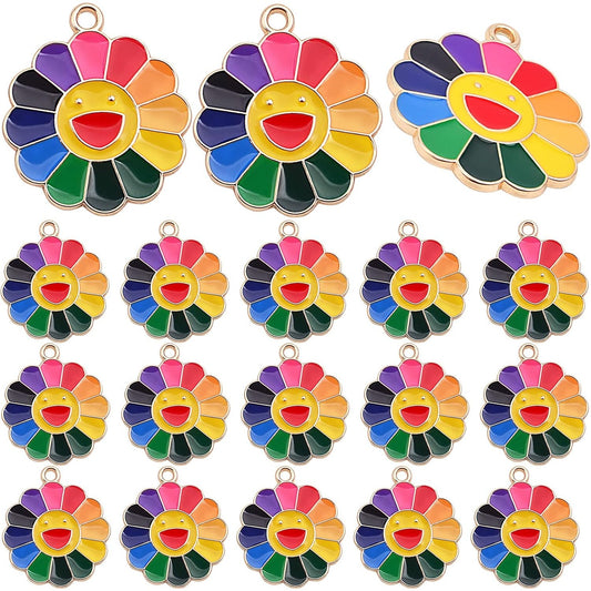 20pcs Alloy Smiley Sunflower Charms Colorful Enamel Smiling Happy Face Pendants Charms Handmade Accessories for DIY Jewelry Making Craft Supplies, 29 mm x 25 mm x 1.3 mm