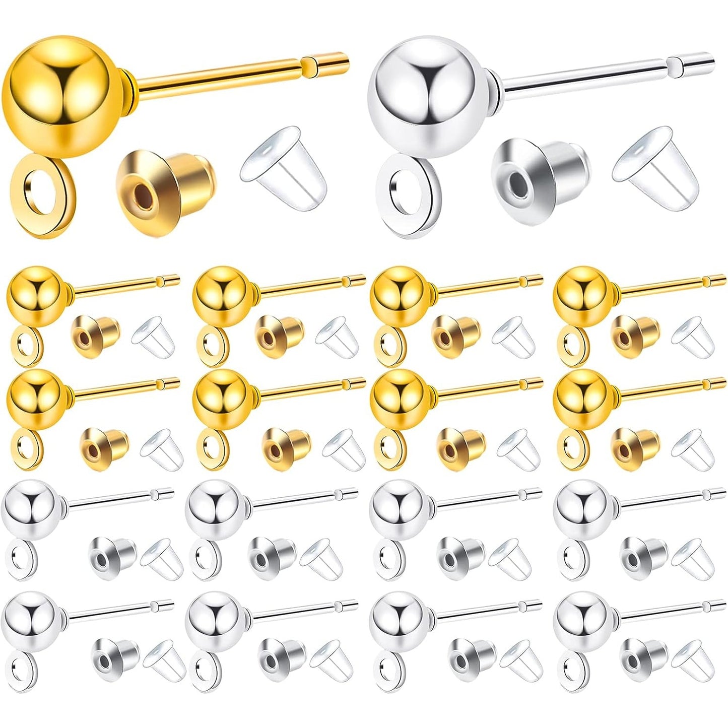 Ball Post Earring Studs, 100pcs Hypoallergenic Earring Studs Ball Ear Pin with Loop Round Ball Spherical Earrings and 300pcs Earring Safety Backs for Jewelry Making, Gold, Silver