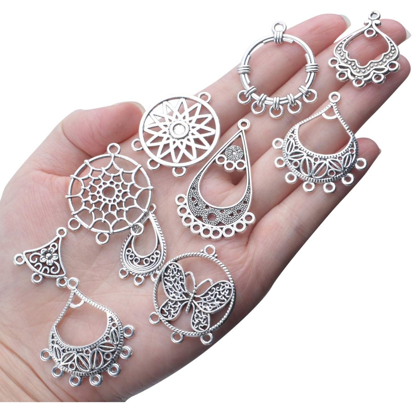 30 Pieces Antique Silver Chandelier Earrings Earring Component Connector Charms Jewelry Making for Earring Drop and Charm Pendant, 15 Styles