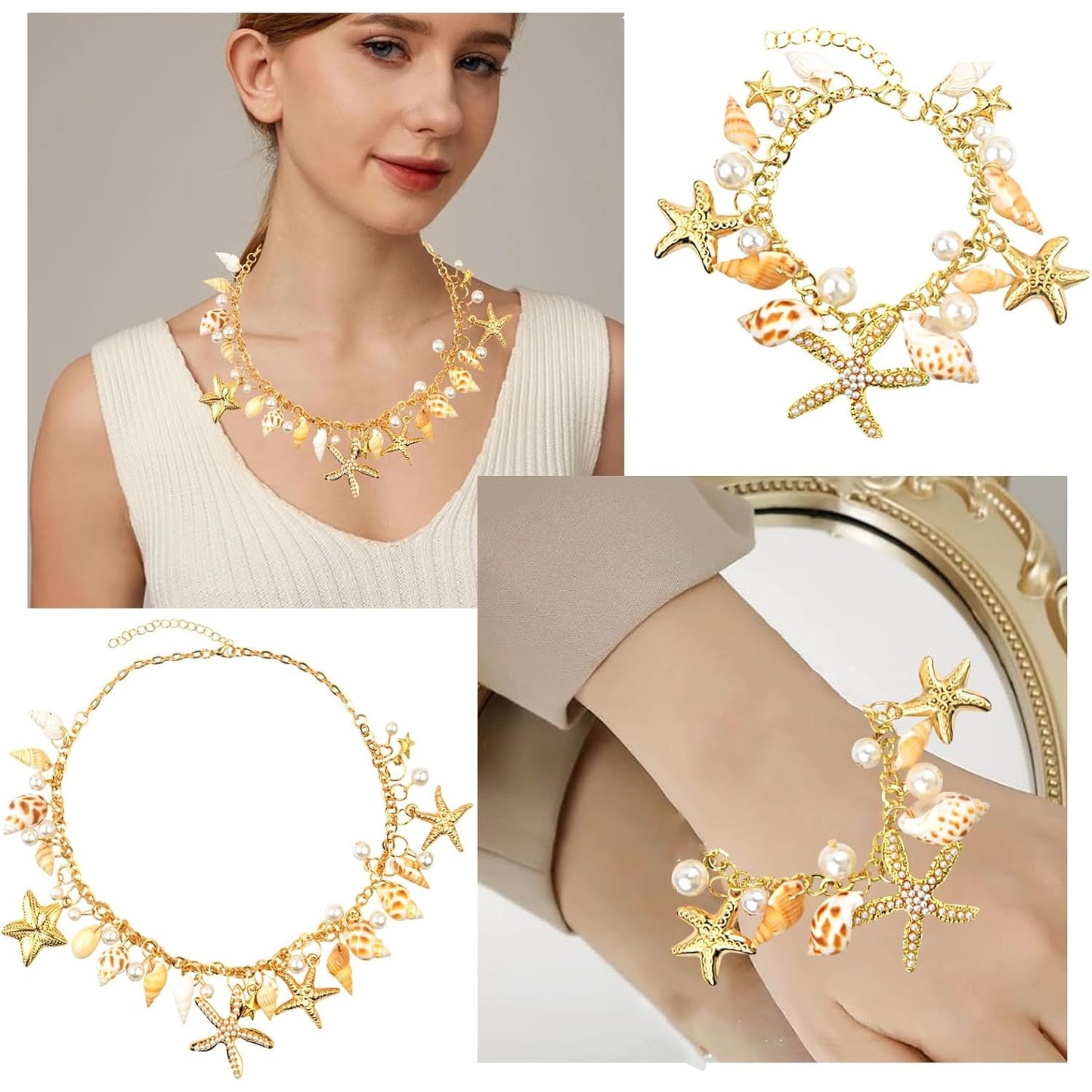 Shell Starfish Necklace Bracelet Faux Pearls Conch Statement Adjustable Chunky Necklace Mermaid Tail Bracelet Jewelry Set Costume Accessories for Women Beach-themed Party Cosplay