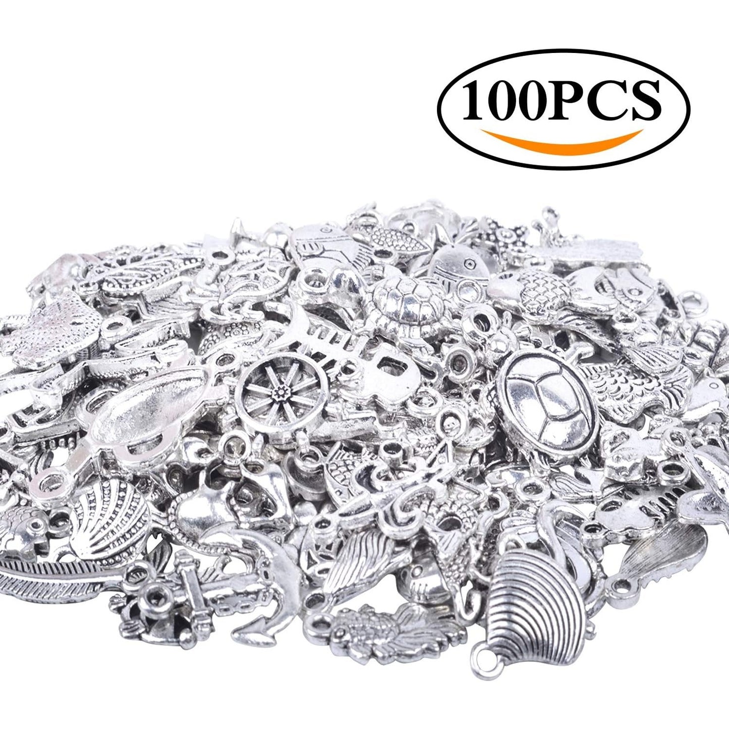 100pcs Mixed Antique Silver DIY Ocean Fish & Sea Creatures Charms Pendants for Making Bracelet and Necklace