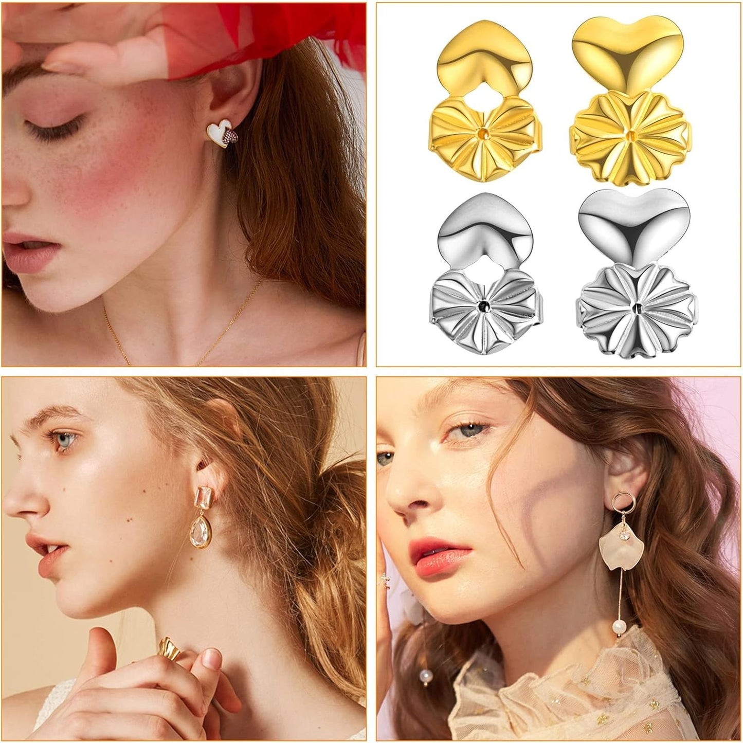 8 Pairs 2 Styles Earring Backs Lifters Hypoallergenic Brass Earring Backs Adjustable Magic Earring Secure Backs for Droopy Ears Heavy Earrings, Golden and Silver