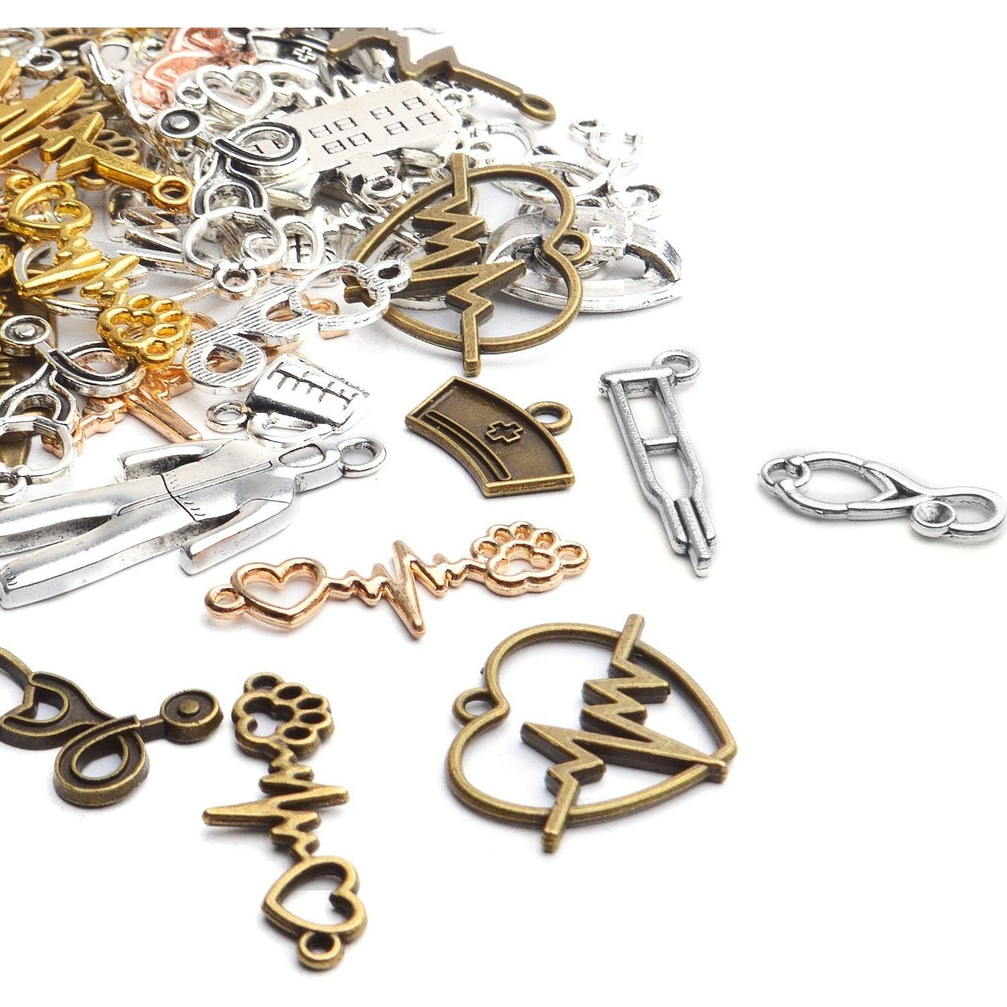 Medical Nurse Charms, 100g(about 40-70pcs) Tibetan Medical Crafts Pendant Mixed Alloy Hospital Nurse Stethoscope Syringe Nurse Cap Hat Charms Accessory for DIY Jewelry Making Crafting