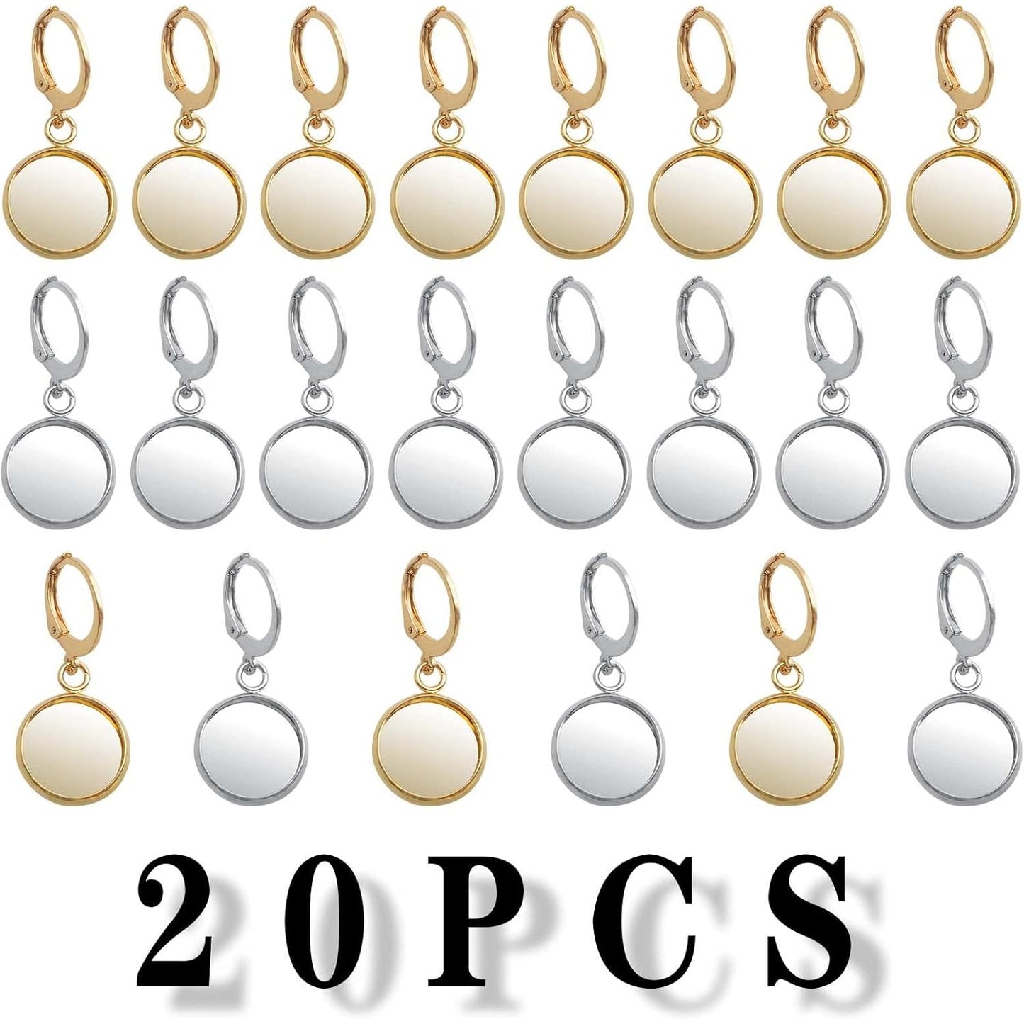 20pcs Leverback French Ear Wires Hooks Stainless Steel Blank Flat Round Bezel Trays Base Earring Cabochon Settings for DIY Earrings Jewelry Making Supplies, 2 Colors