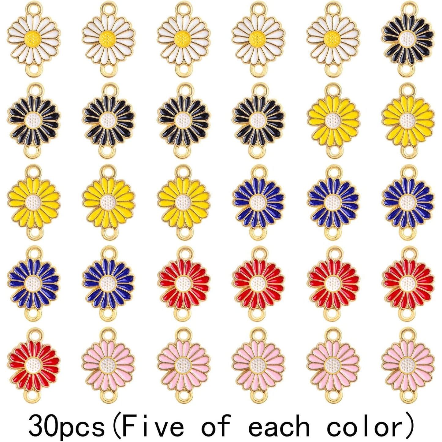 30pcs 6 Colors Daisy Flower Charms Connectors Alloy Enamel Flower Shaped Dangle Pendants Double Loops Links Charms for DIY Necklace Bracelet Earrings Jewellery Making Gifts