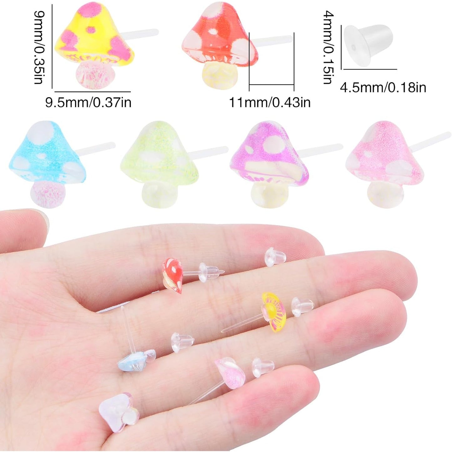 6 Pairs Plastic Mushroom Earring Posts Cute Mushroom-Shaped Earring Pin Studs with Clear Bullet Earring Backs for Women Sensitive Ears Work Home Replacements, 6 Colors