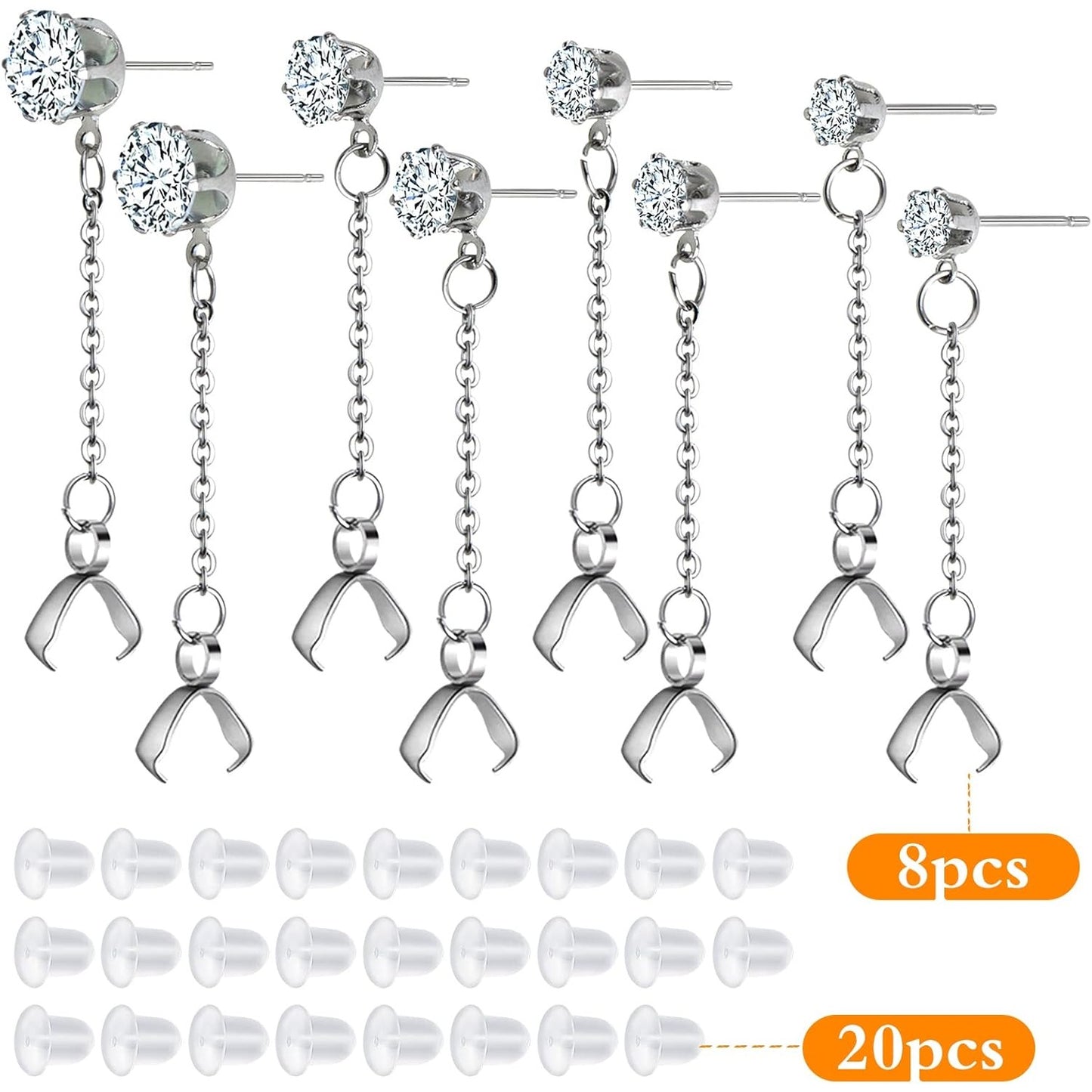 8pcs Stainless Steel Rhinestone Earring Studs Silver Plated Cubic Zirconia Earring Posts with Pinch Clasps Chains and 20pcs Clear Earring Backs for DIY Jewelry Making Supplies
