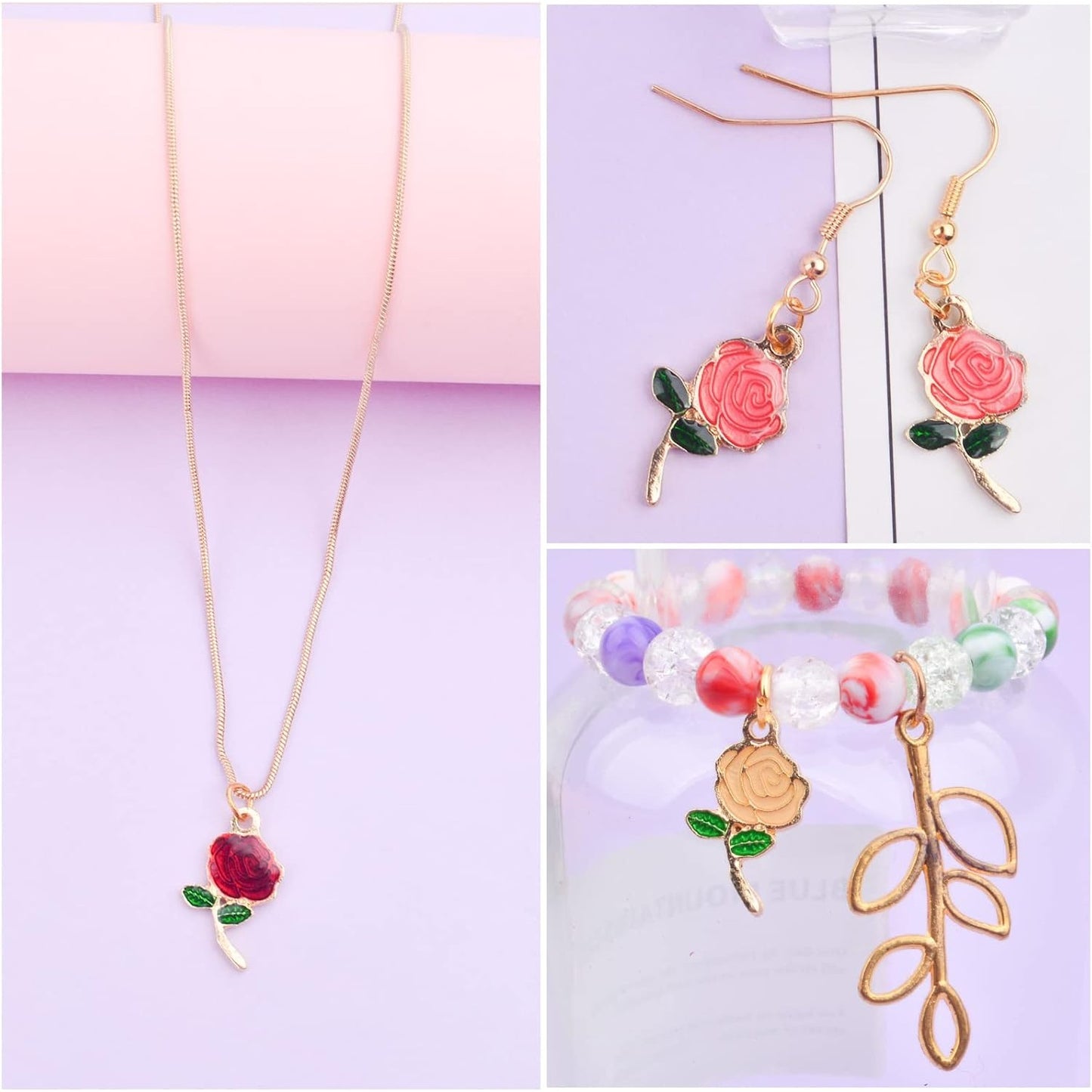 24pcs Enamel Rose Flower Charms Lovely Flower Bead Romantic Dangle Pendants Jewelry Findings for DIY Earrings Necklace Bracelet Valentine's Gifts, 3 Colors
