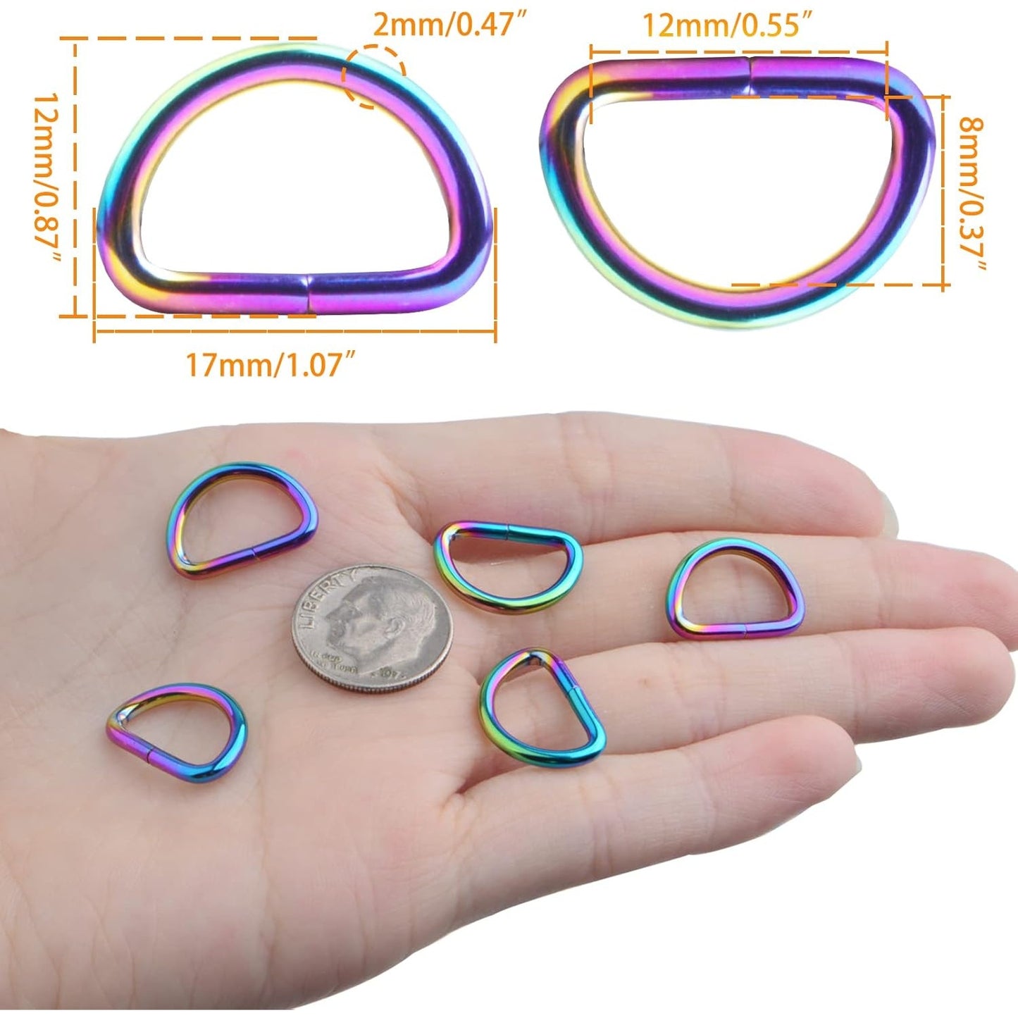 20pcs 1/2inch Metal Semi-Circular D Rings Multipurpose Half Round D-shaped Rings Buckle Clips DIY Accessories for Bags Purse Backpack Belt Clothing Sewing, Rainbow Color