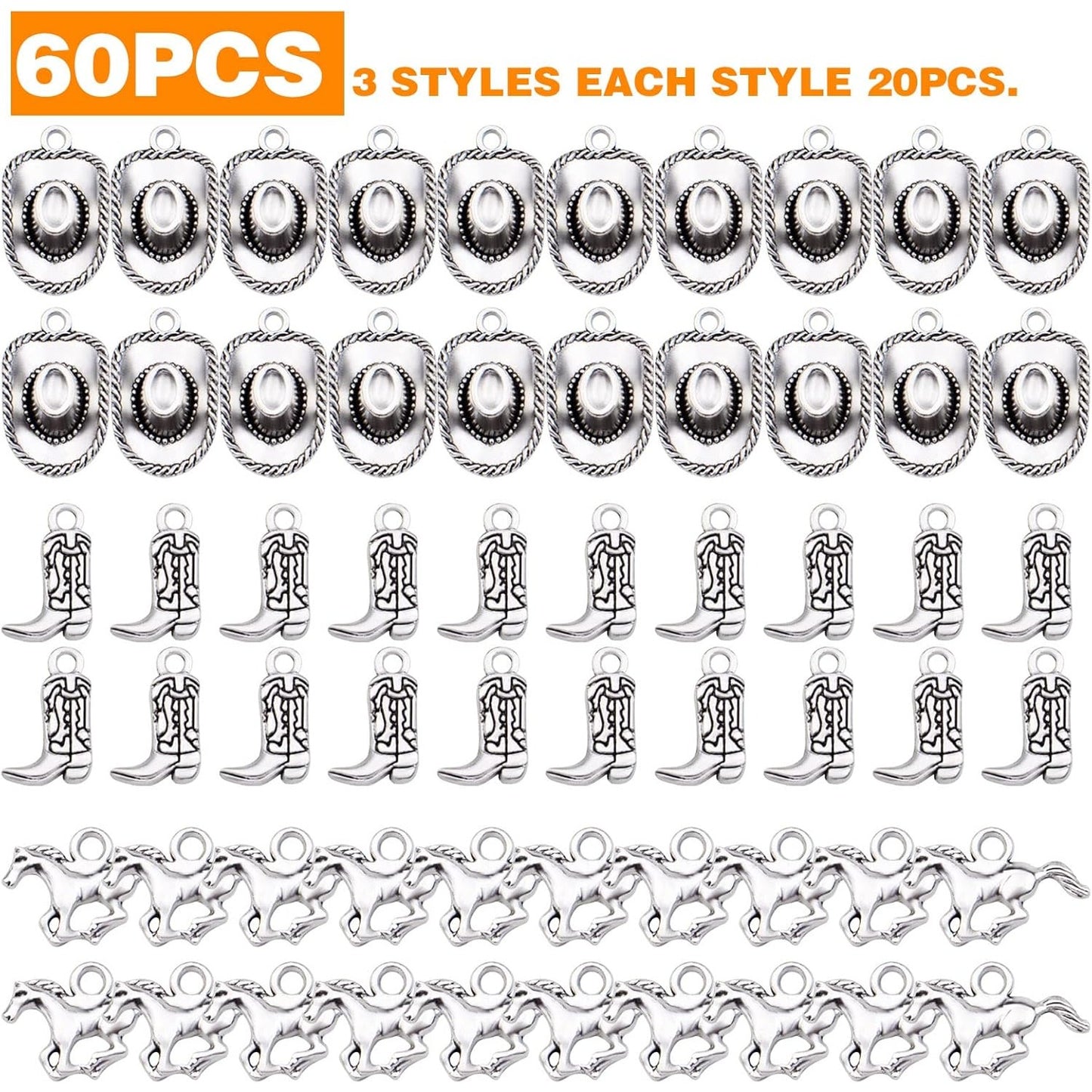 60pcs Silver Western Cowboy Charms Pendants Alloy Horse Cowboy Boot Hat Dangle Charms for DIY Earrings Bracelet Necklace Jewelry Making