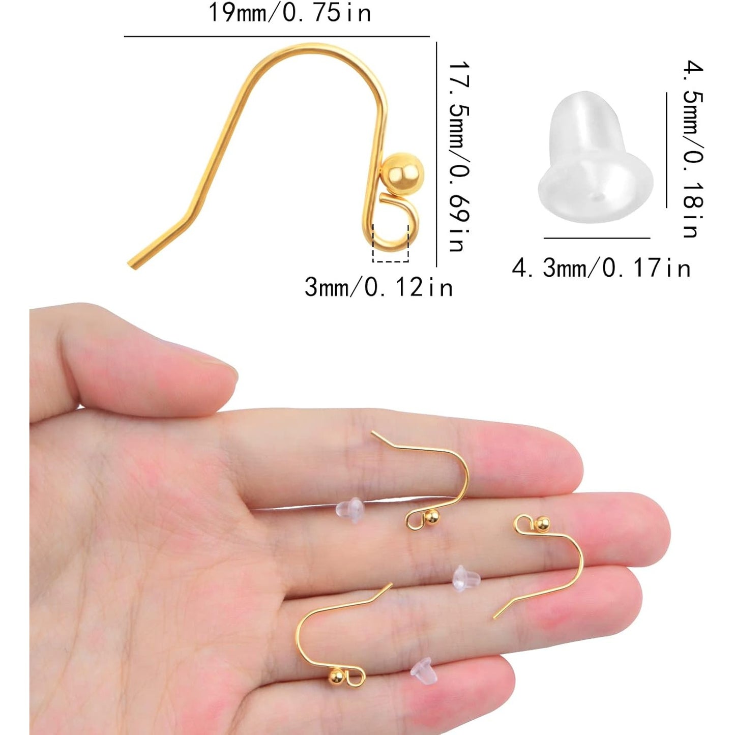 50pcs Stainless Steel Earring Hooks Hypo-allergenic French Ear Wires Hooks with Ball and 50pcs Clear Earring Safety Backs for DIY Earrings Jewelry Making, Golden