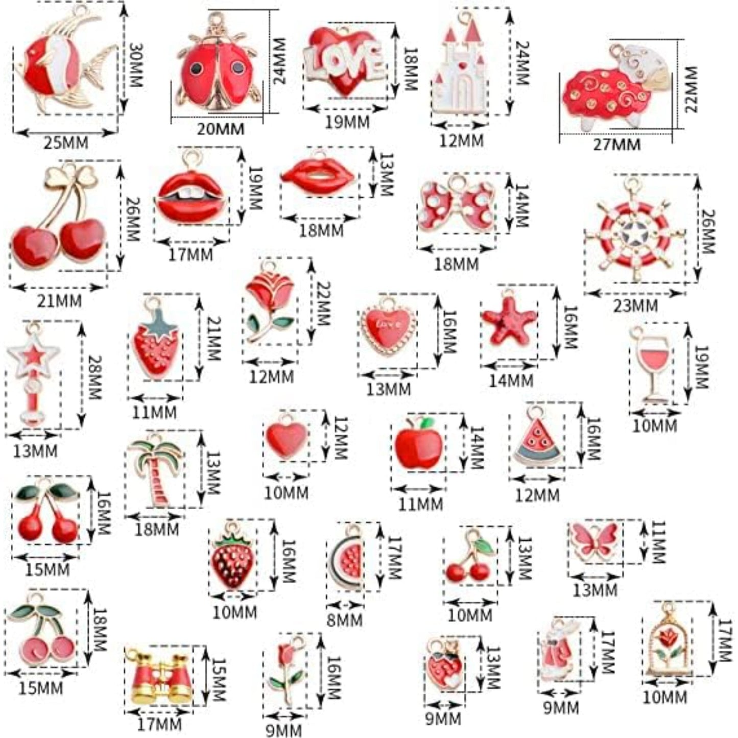 Enamel Charms,31pcs Red Theme Mixed Cute Enamel Charms Gold Plated Enamel Pendants Star Fruit Flower Charms for Making Jewelry Necklace Bracelet Earring