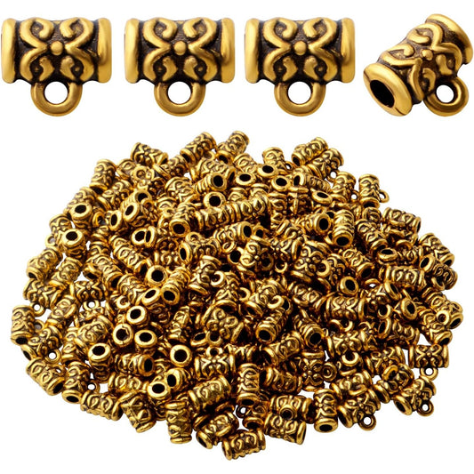 Bail Beads,200pcs Antique Gold Bail Tube Beads Tibetan Alloy Tube Spacer Bead with Charm Loop Hanger Connector Links for DIY Bracelet Necklace Pendant Jewelry Making Findings