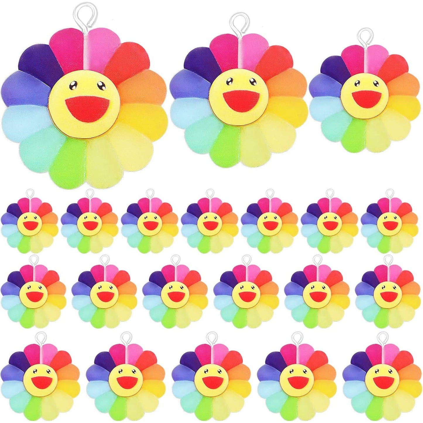 30pcs 3 Sizes Smiley Sunflower Charms Resin Sun Flower Dangle Pendants Smiley Face Charm Jewelry Accessories for DIY Bracelet Necklace Earrings Making