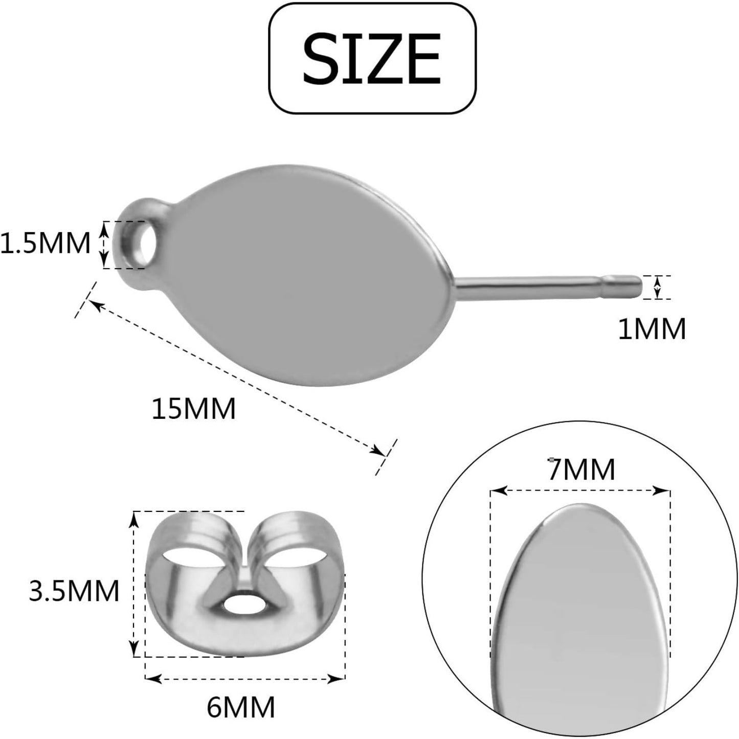 Stud Earring Findings - 20pcs Stainless Steel Oval Studs Blank Post with Loop and 20pcs Butterfly Backs for Making