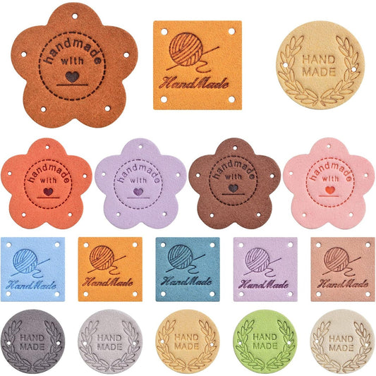 45pcs Colorful Handmade Labels Microfiber Knit Crochet Labels Clothing Embossed Handmade Tags with Holes Embellishments for Jeans Bags Hats Clothing Sewing Craft Decor, 3 Shapes