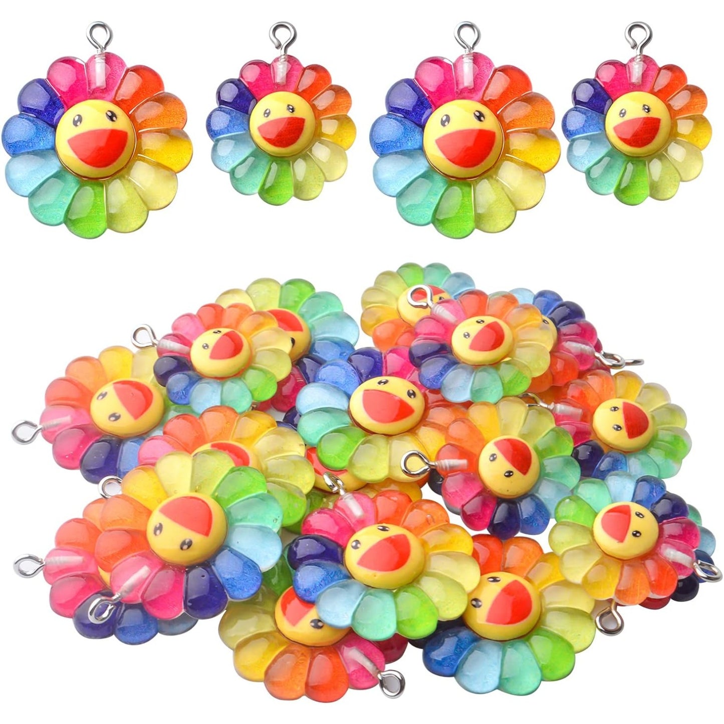 Sunflower Pendants, 20pcs Resin Rainbow Flower Charms & Smiley Face Cabochons for DIY Jewelry, 2 Sizes