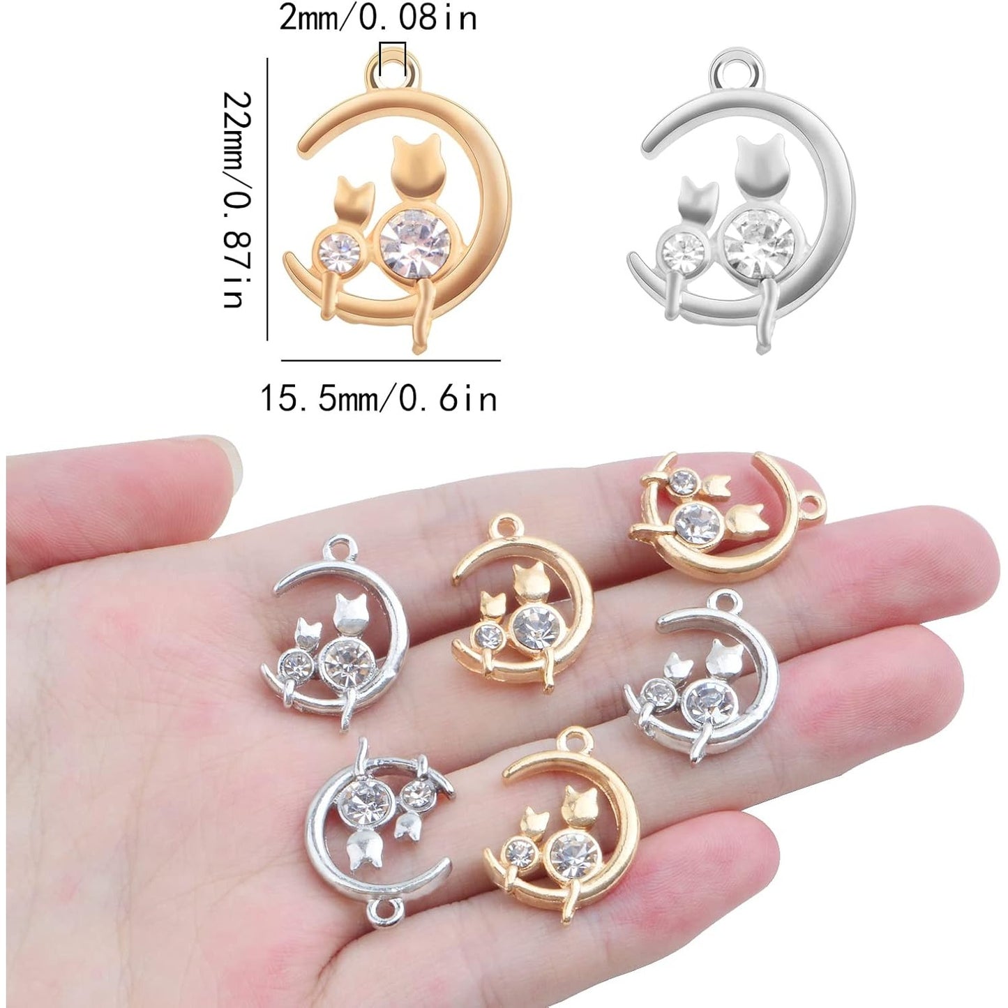 20 Pieces Cute Cat on the Moon Charms with Rhinestone Alloy Celestial Moon Kitty Dangle Pendants Craft Supplies for DIY Necklace Bracelet Earrings Jewelry Making, 2 Colors