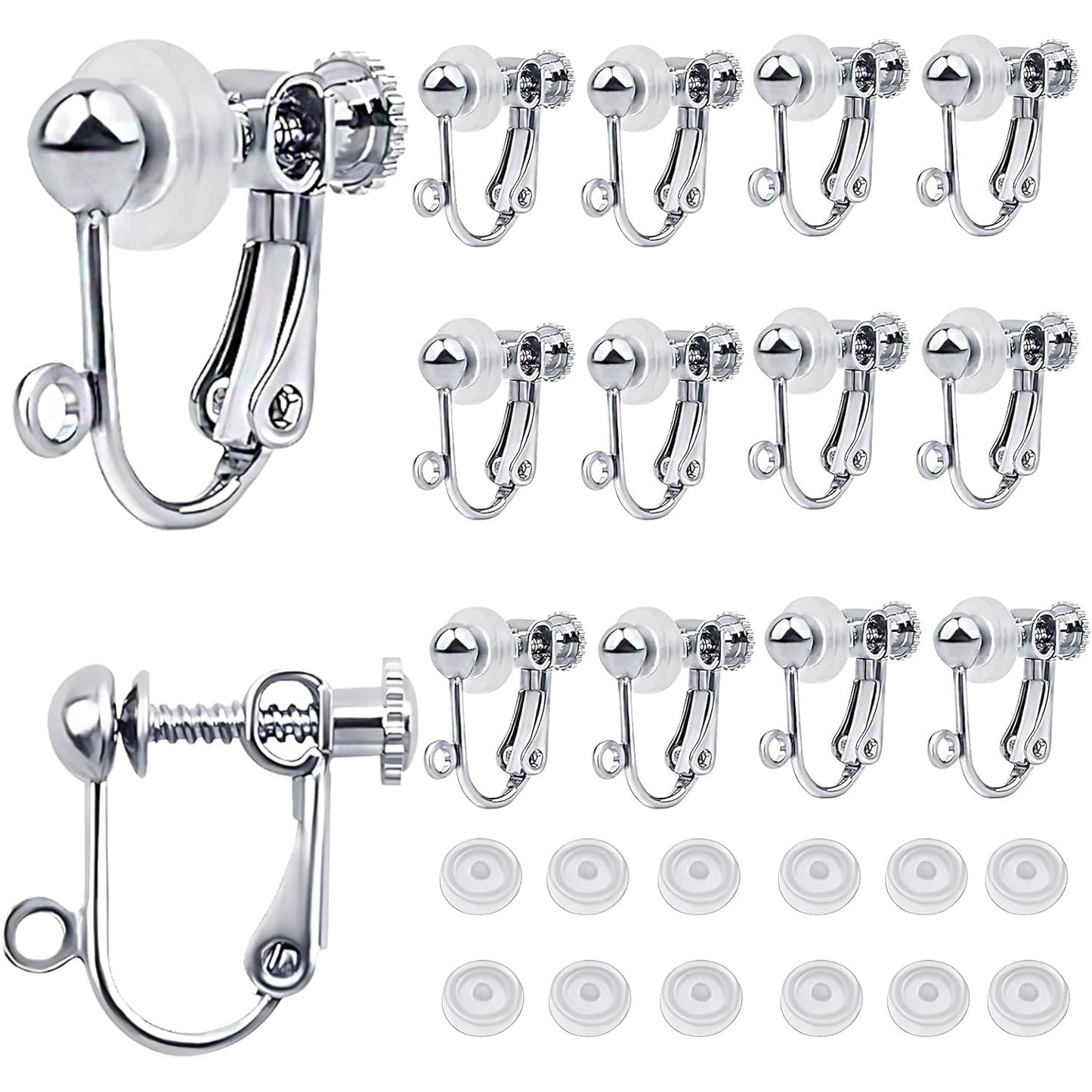 12pcs Sterling Silver Plated Clip-on Earring Converters Brass Screw Back Non Pierced Ear Clips Components with Loop and 12pcs Anti-Pain Pads for DIY Earrings Jewelry Making