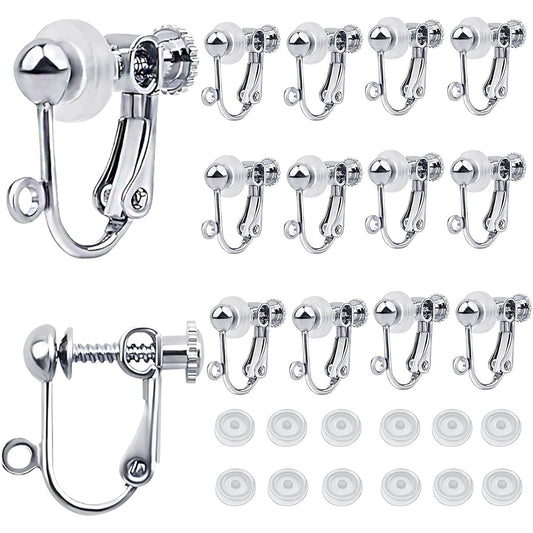 12pcs Sterling Silver Plated Clip-on Earring Converters Brass Screw Back Non Pierced Ear Clips Components with Loop and 12pcs Anti-Pain Pads for DIY Earrings Jewelry Making