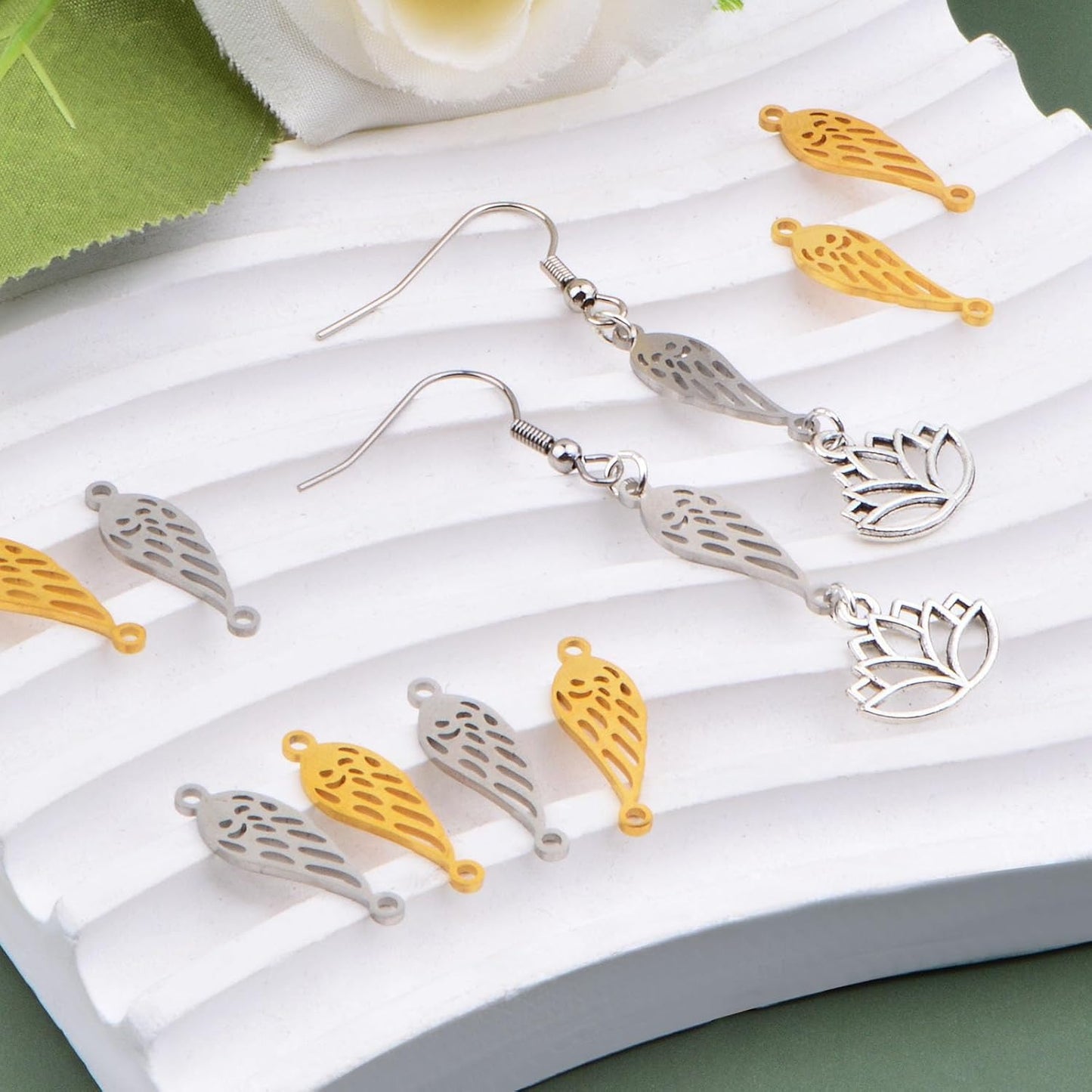 10pcs 2 Colors Hypoallergenic Angel Wings Charms Stainless Steel Feather Fairy Wing Pendants with 2 Holes Craft Supplies for DIY Bracelet Necklace Earrings Jewelry Making
