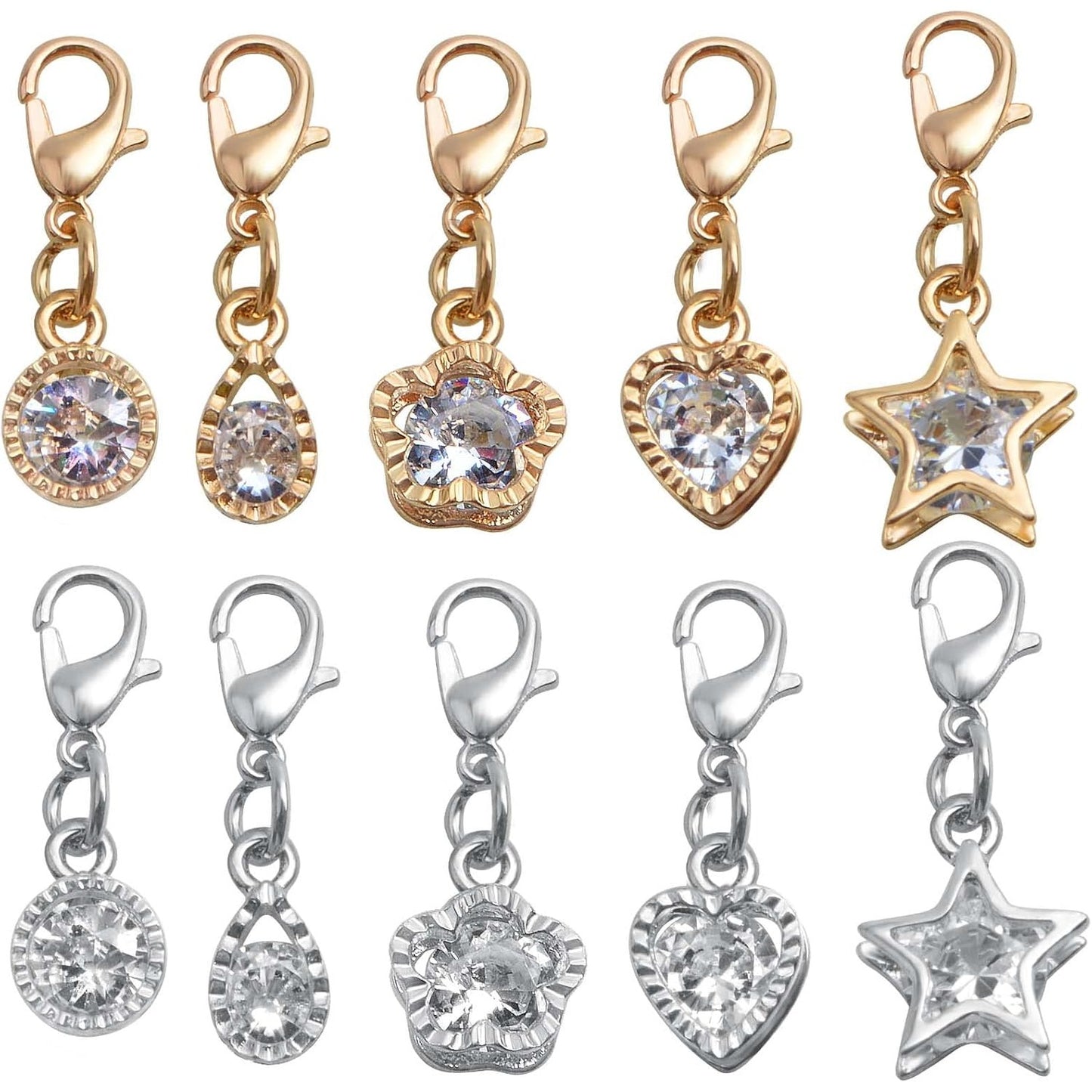 20pcs 2 Colors Cubic Zirconia Charms Metal Round Heart Star Plum Bossom Drop Shaped Pendants with Lobster Clasps for DIY Necklace Earrings Jewelry Making Supplies, 5 Styles