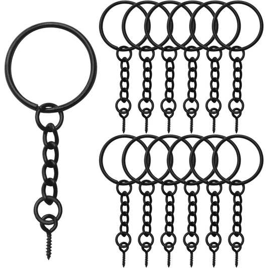 BronaGrand 50pcs 25mm Split Key Ring with Extend Chain and 12mm Screw Eye Pin for Craft Charm Making,Black