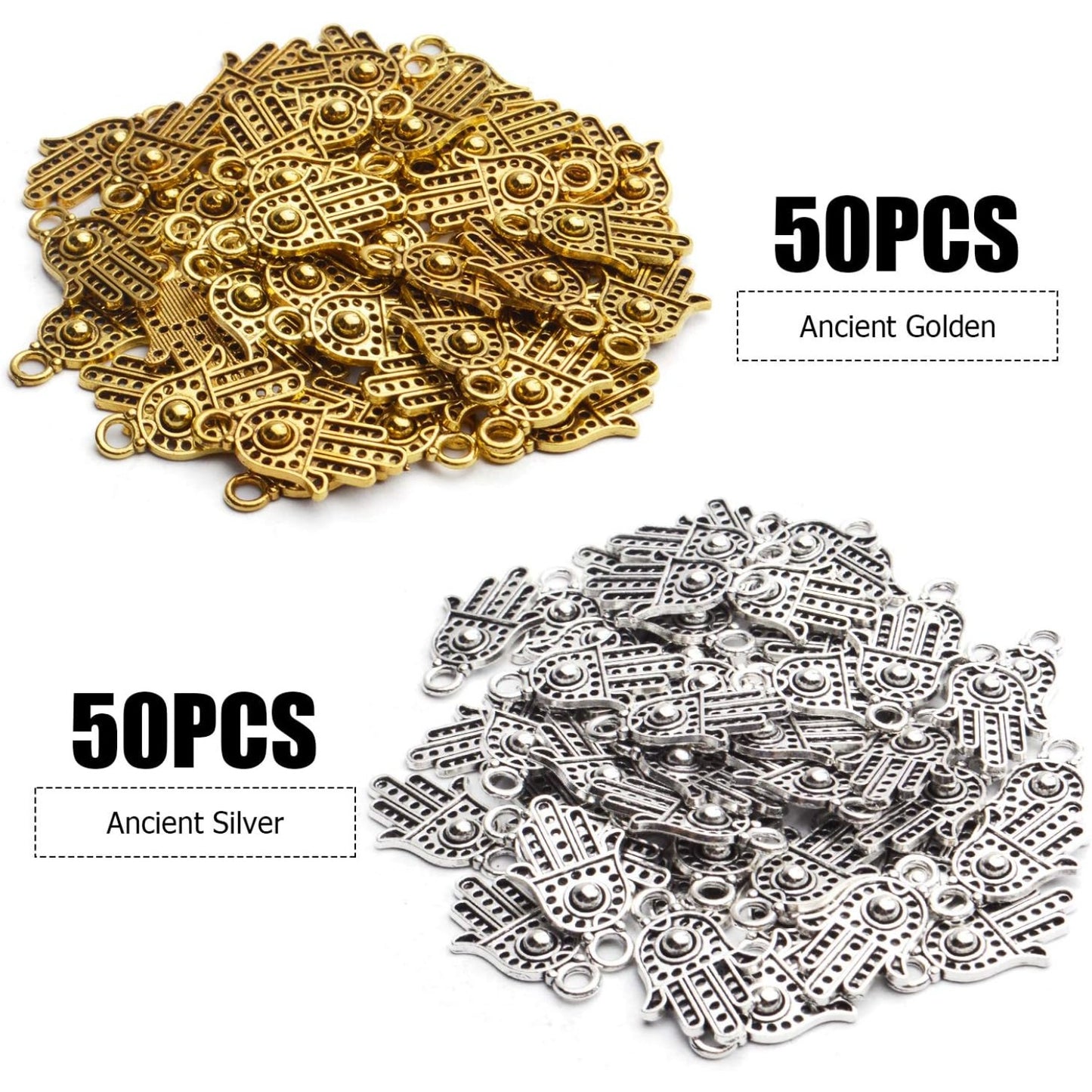 Hamsa Charms, 100pcs Antique Golden/Silver Hand Of Fatima Hamsa Hand Evil Eye Pendants Filigree Charms Jewelry Making Findings for DIY Necklace Bracelet Earrings Crafts, 12x19mm