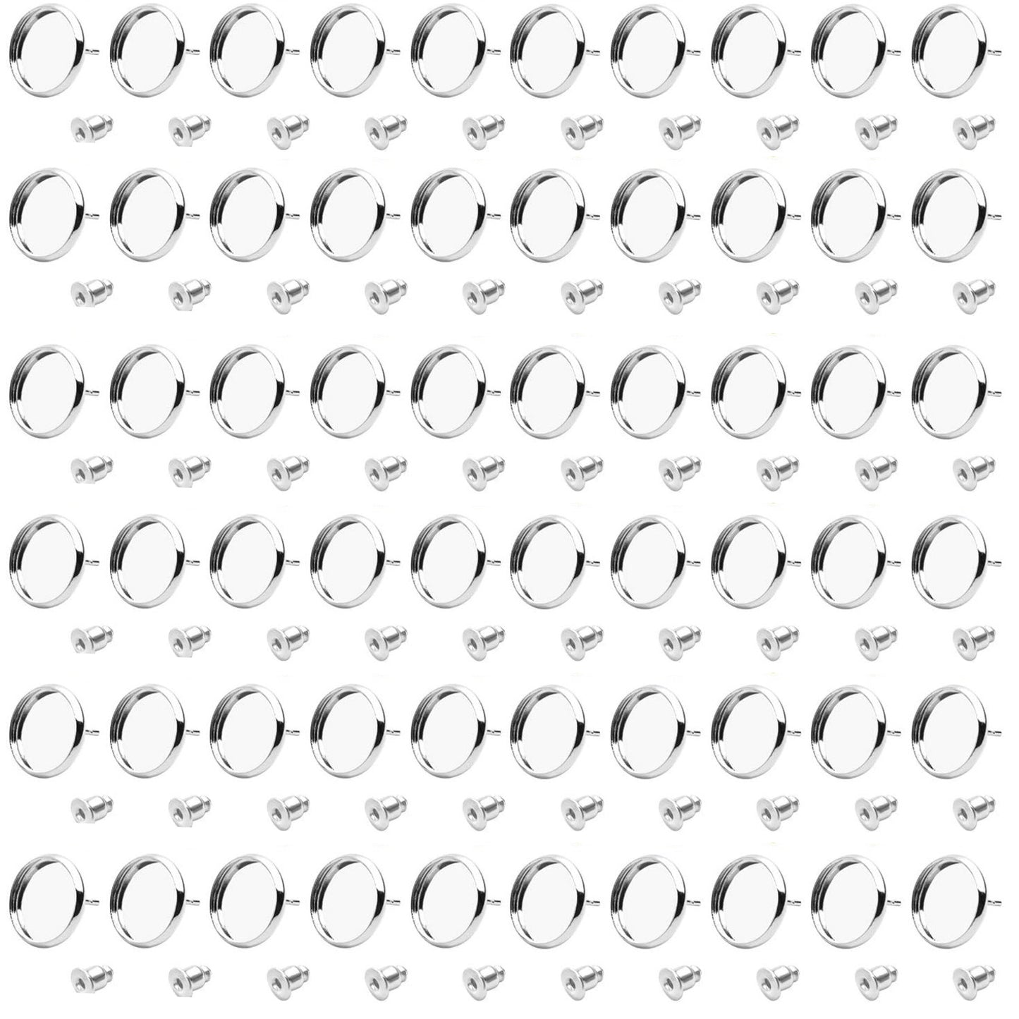 Stud Earring Findings, 60pcs Blank Stud Earring Bezel Setting Post Cup for 12mm Cabochon and 60pcs Earring Backs for Jewellery Making