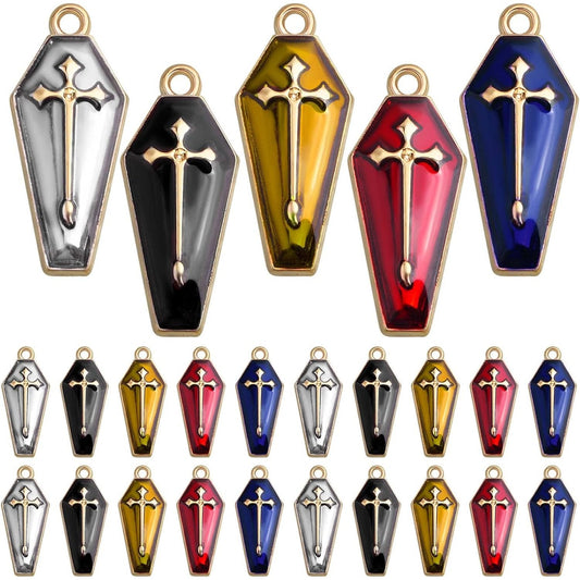 30pcs KC Golden Plated Enamel Halloween Cross Charms Alloy Halloween Theme Coffin with Cross Dangle Pendants for DIY Necklace Earring Jewelry Making Decoration, 5 Colors