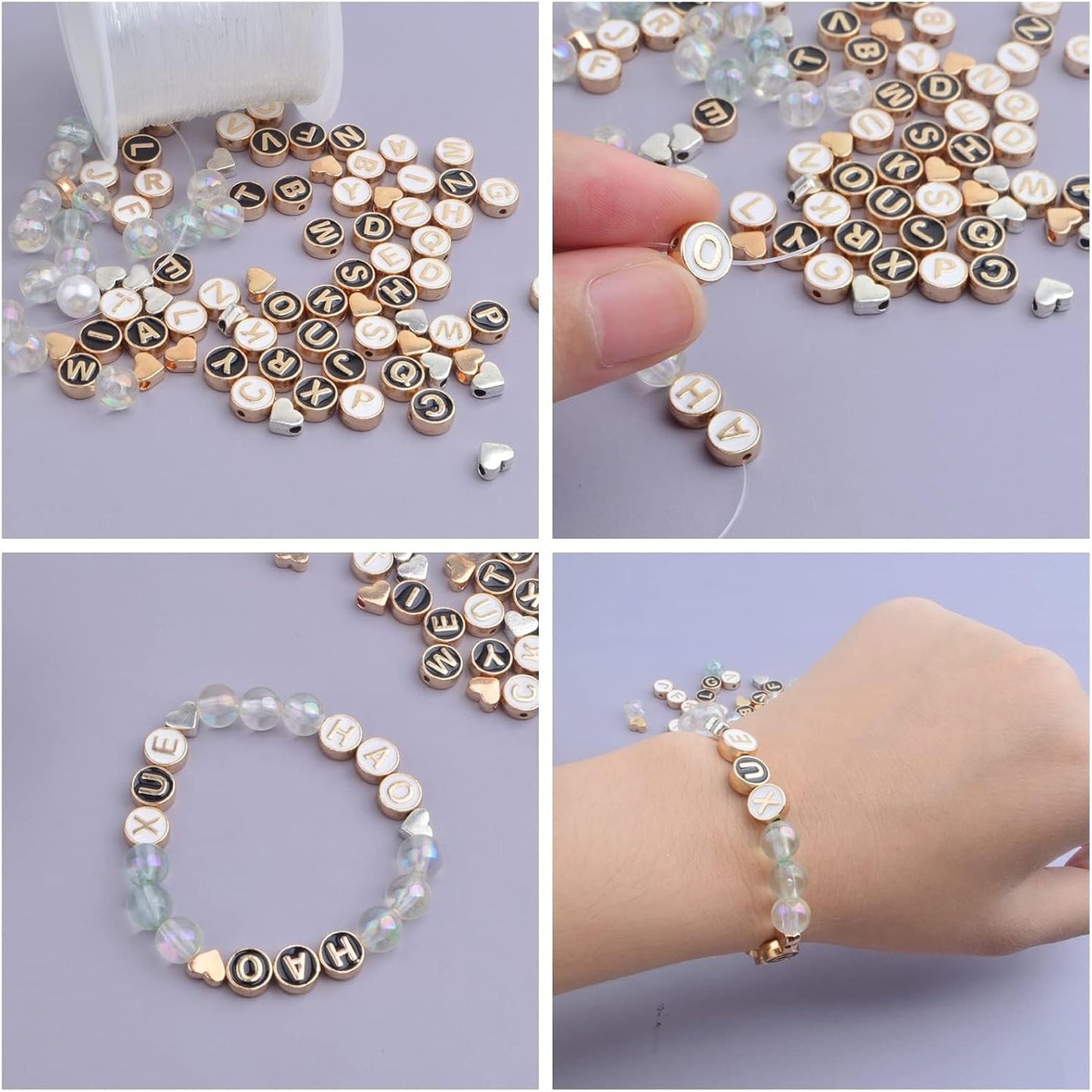 52pcs 2 Colors Enamel Alphabet Beads 8 mm Flat Round Initial Letter A-Z and 20pcs 2 Colors Alloy Heart Spacer Beads for DIY Bracelet, Necklace, Earrings Jewelry Making