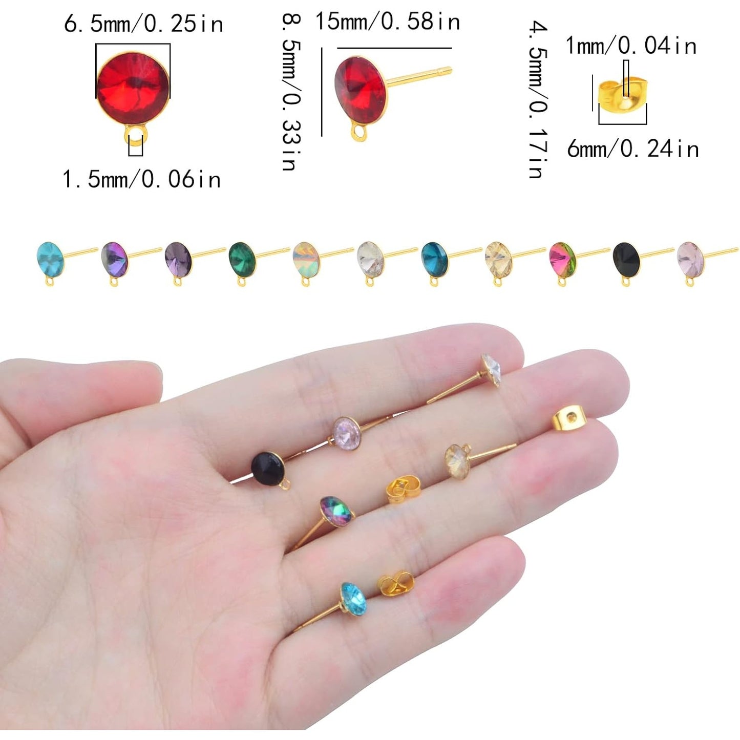 24pcs Stainless Steel Colorful Rhinestone Earring Posts with Loop Hypoallergenic Stud Earrings Findings and 24pcs Golden Butterfly Earring Backs for DIY Crafts Jewelry Making