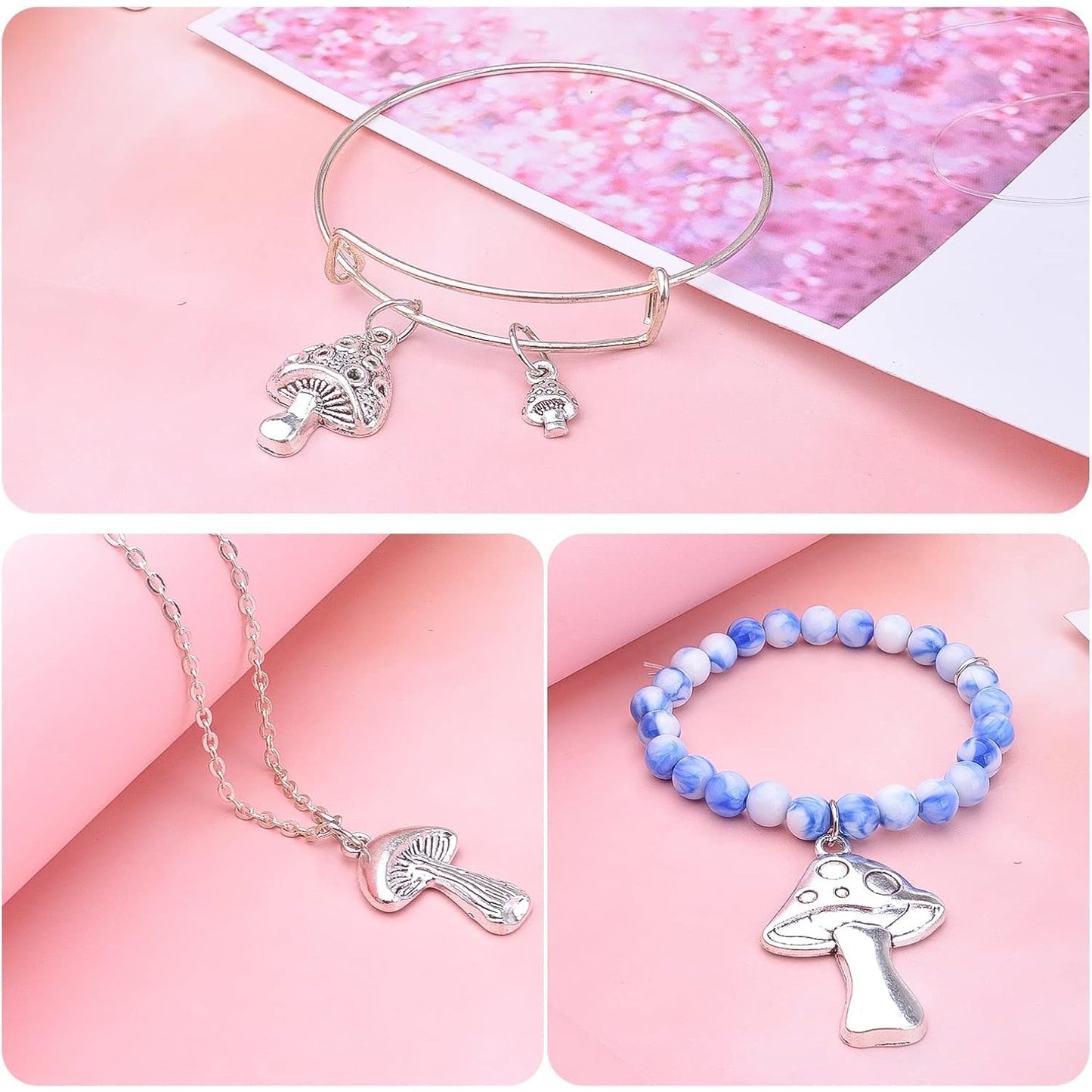 40pcs Antique Silver Mushroom Charms Pendants Tibetan Alloy Vintage Mushroom Bead Charms Jewelry Making Accessories for DIY Necklace Bracelet Earrings, 4 Styles