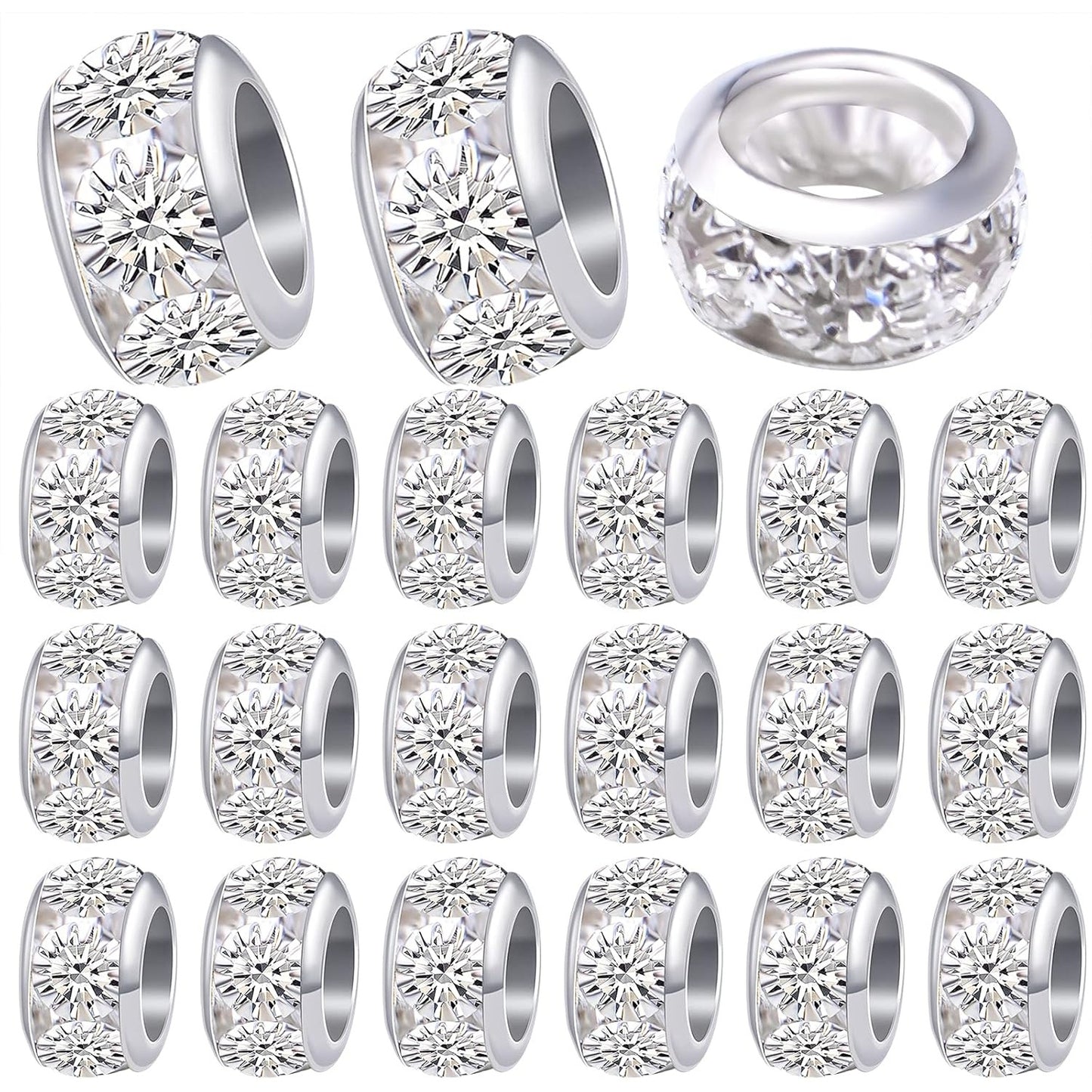 40pcs 10 mm Silver European Rhinestone Spacer Beads Brass Large Hole Beads Round Rondelle Loose Charm Beads for Snake Chain Bracelet Necklace Jewelry Making Supplies, Hole: 5.5 mm