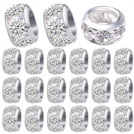 40pcs 10 mm Silver European Rhinestone Spacer Beads Brass Large Hole Beads Round Rondelle Loose Charm Beads for Snake Chain Bracelet Necklace Jewelry Making Supplies, Hole: 5.5 mm
