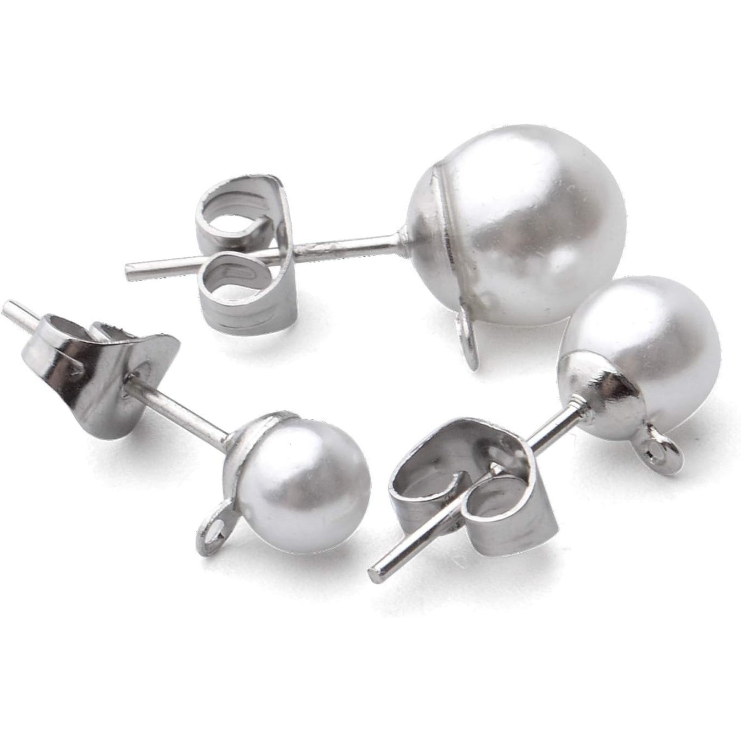 90pcs Faux Pearl Hypoallergenic Earring Posts Stud Earrings with Loop Metal Post Earring Studs and 90pcs Silver Butterfly Earring Backs for DIY Earring Jewelry Making