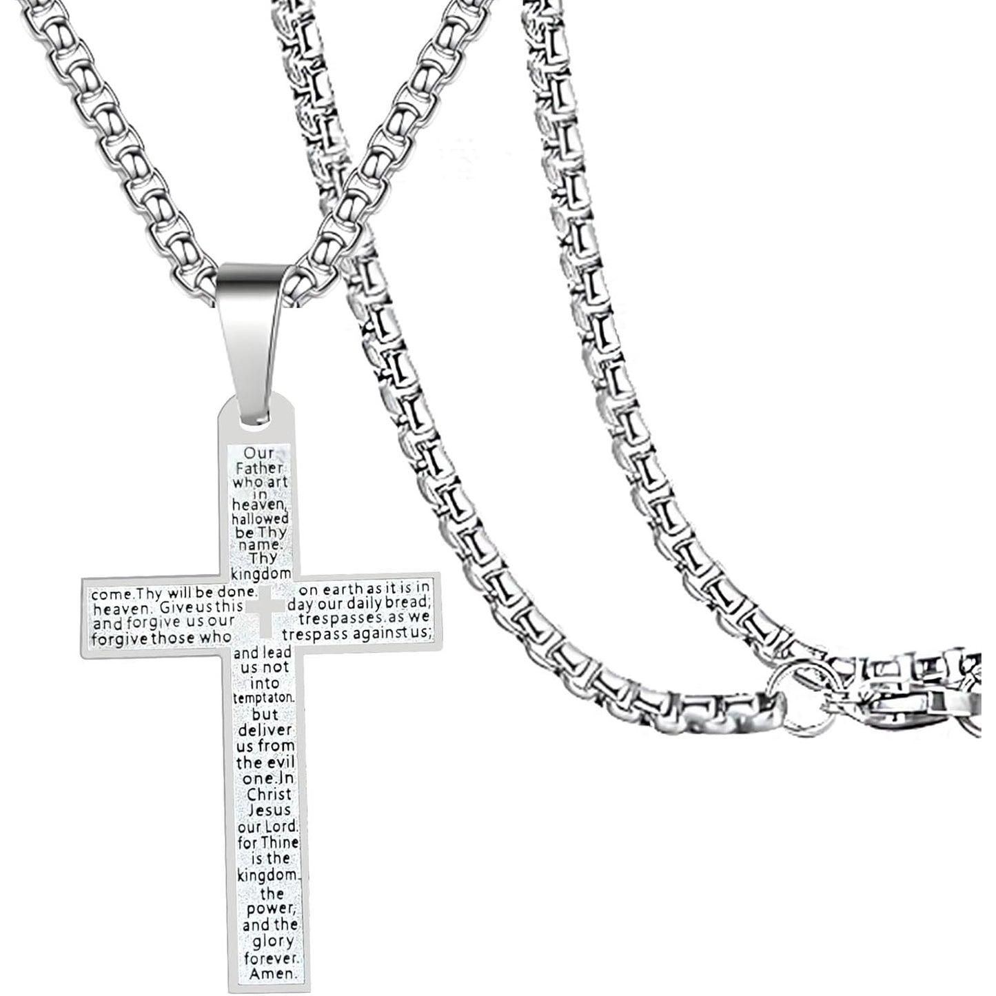 Stainless Steel Mens Womens Cross Necklace Lord's Prayer Pendant Jesus Christian Crucifix Bible Verse Charm Chain Choker Necklaces for Father Mother Easter Gifts