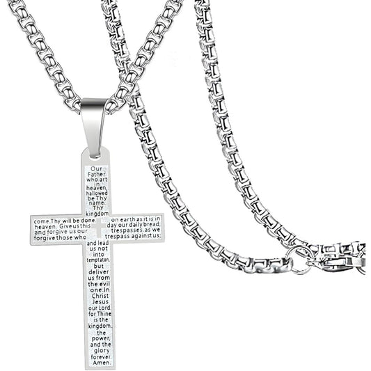Stainless Steel Mens Womens Cross Necklace Lord's Prayer Pendant Jesus Christian Crucifix Bible Verse Charm Chain Choker Necklaces for Father Mother Easter Gifts