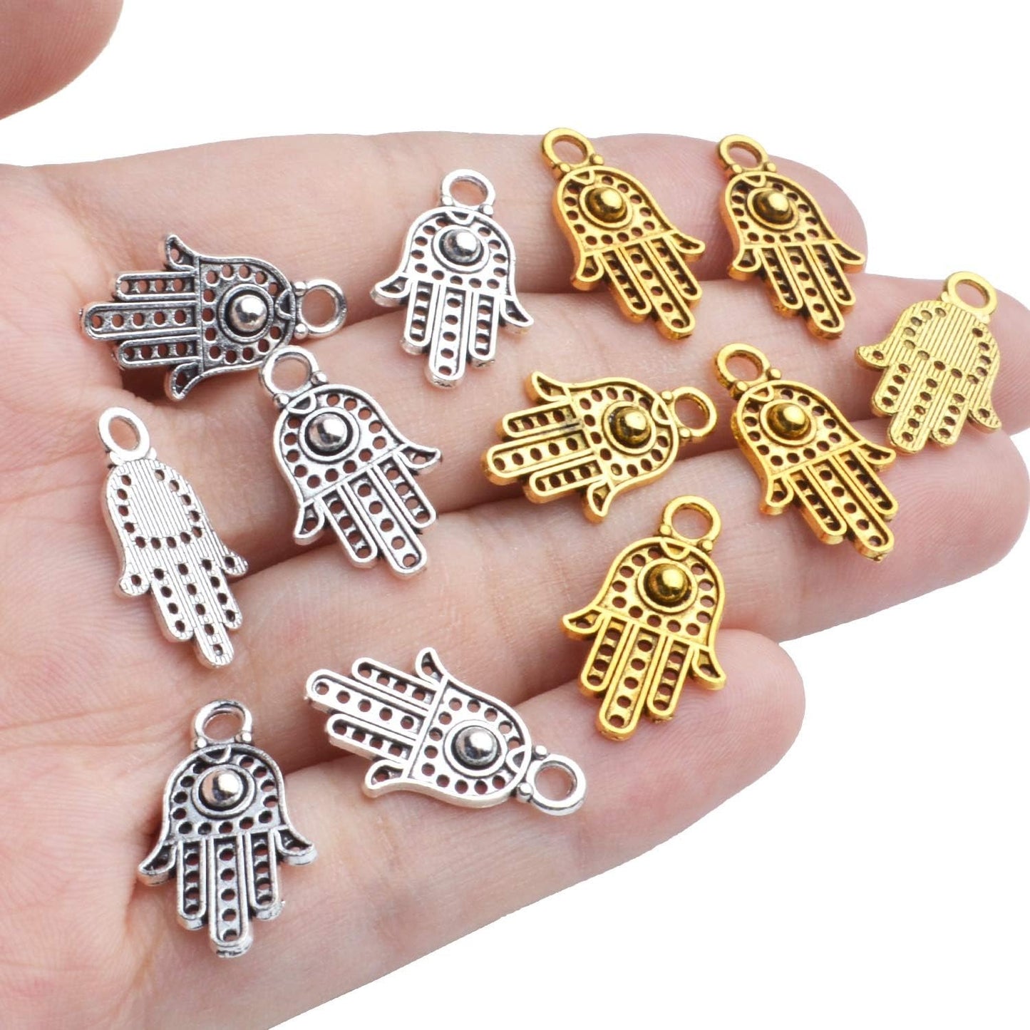 Hamsa Charms, 100pcs Antique Golden/Silver Hand Of Fatima Hamsa Hand Evil Eye Pendants Filigree Charms Jewelry Making Findings for DIY Necklace Bracelet Earrings Crafts, 12x19mm