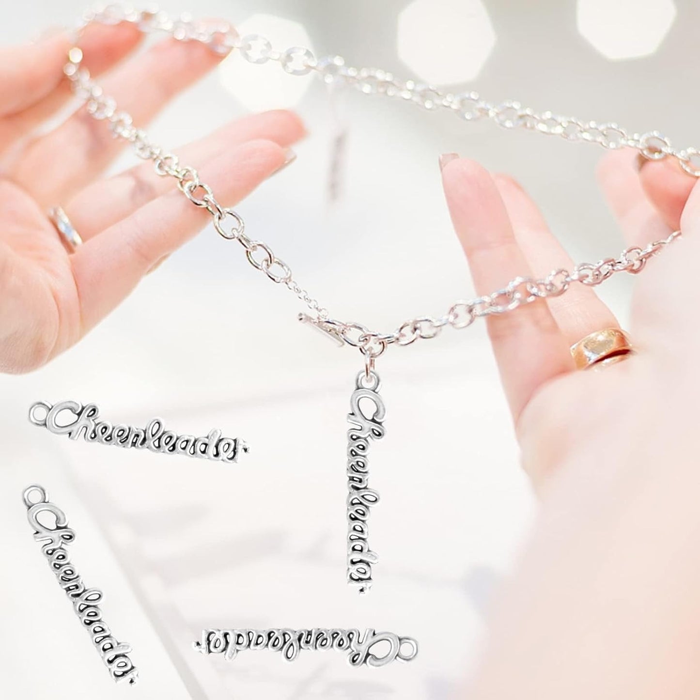 50pcs Antique Silver Letter Cheerleader Charms Alloy Sports Cheerleader Charm Pendants Craft Supplies for DIY Necklace Bracelet Jewelry Making Findings Gifts