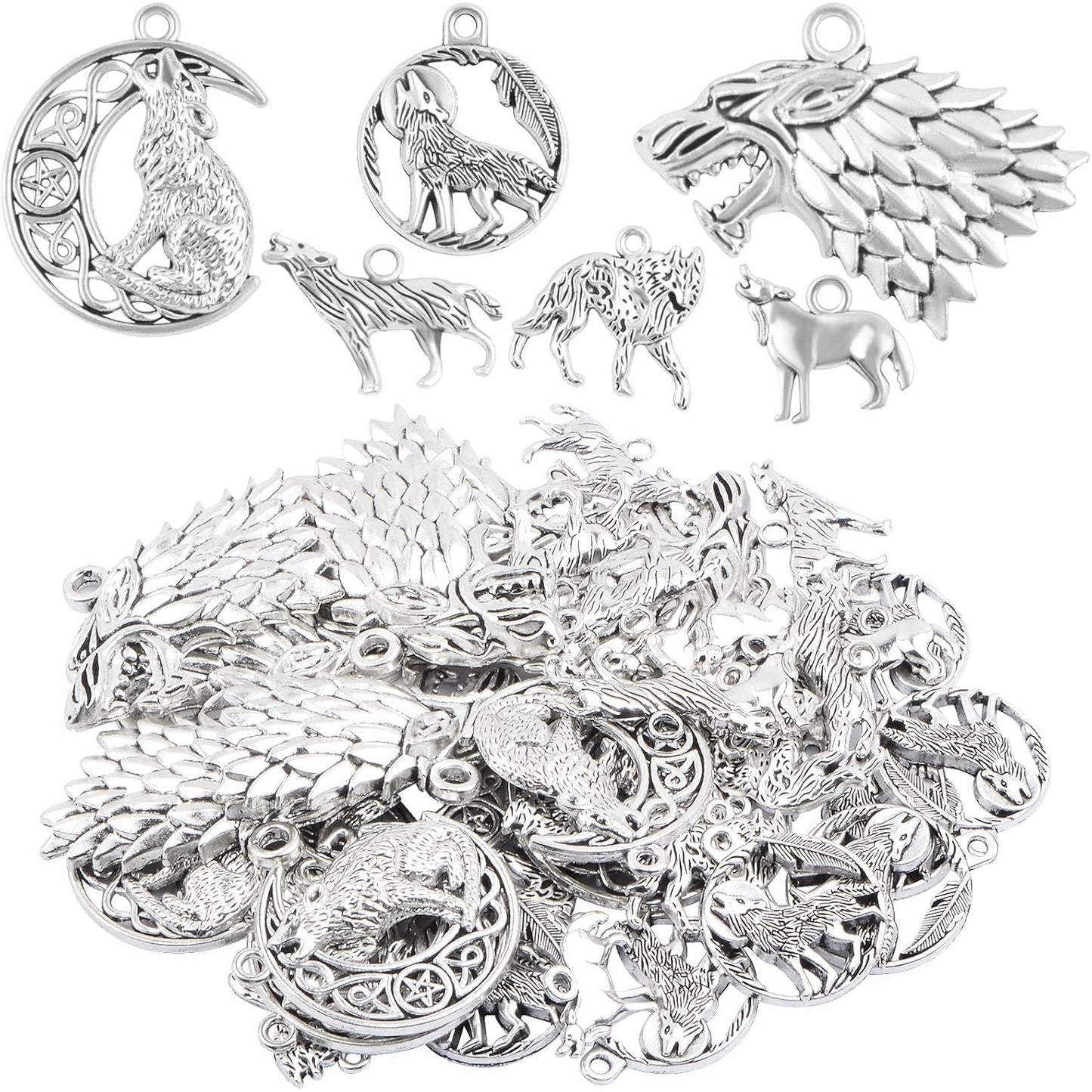 48 Pieces Vintage Alloy Mixed Wolf Shape Charms Tibetan Silver Animal Wolf Head Dangle Pendants for DIY Handmade Projects Jewelry Making Supplies, 6 Styles