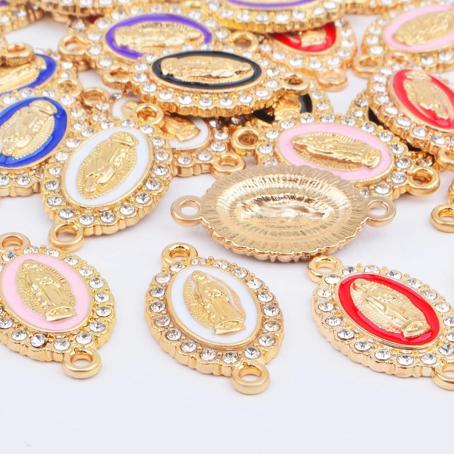 30pcs Alloy Enamel Virgin Mary Charms Links Rhinestones Our Lady Miraculous Medal Charms Crucifix Connection Bracelet Pendant for DIY Necklace Jewelry Making, 6 Colors