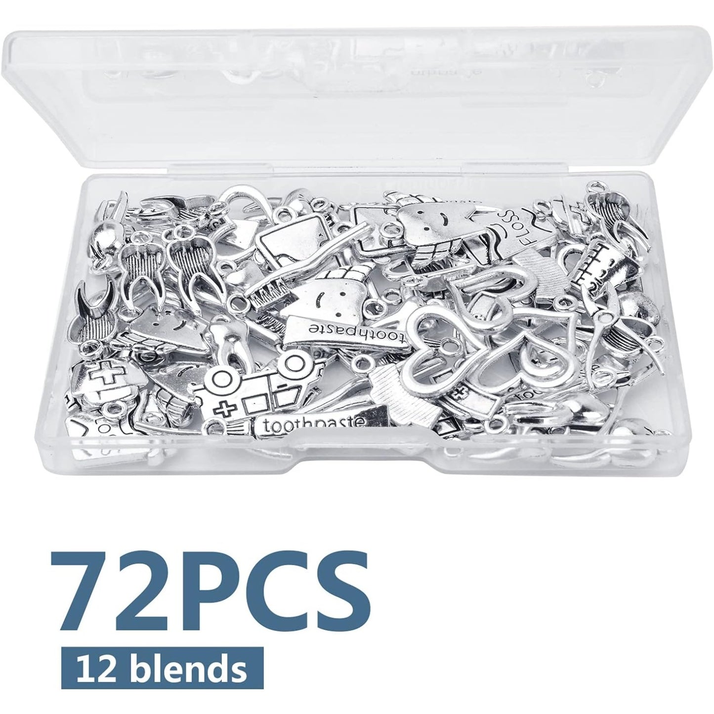 72pcs Antique Silver Healthy Tooth Teeth Charms Dentist Dental Hygienist Pendants with A Box Crafts Supplies for DIY Jewelry Necklace Bracelet Making