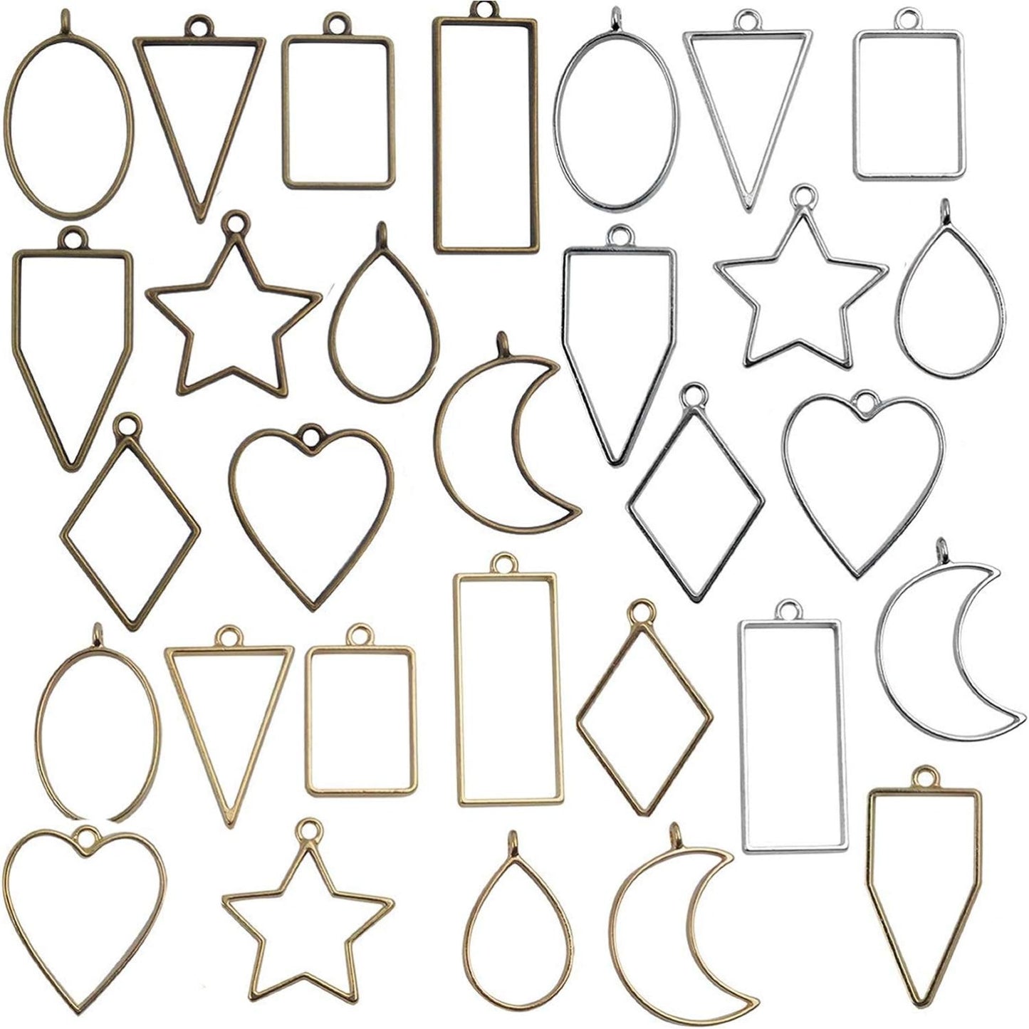 Open Back Bezel Pendants, 30 Pieces Mixed Geometric Hollow Pendants Bezel Charms for Resin Earrings Necklace Bracelet, 3 Colors